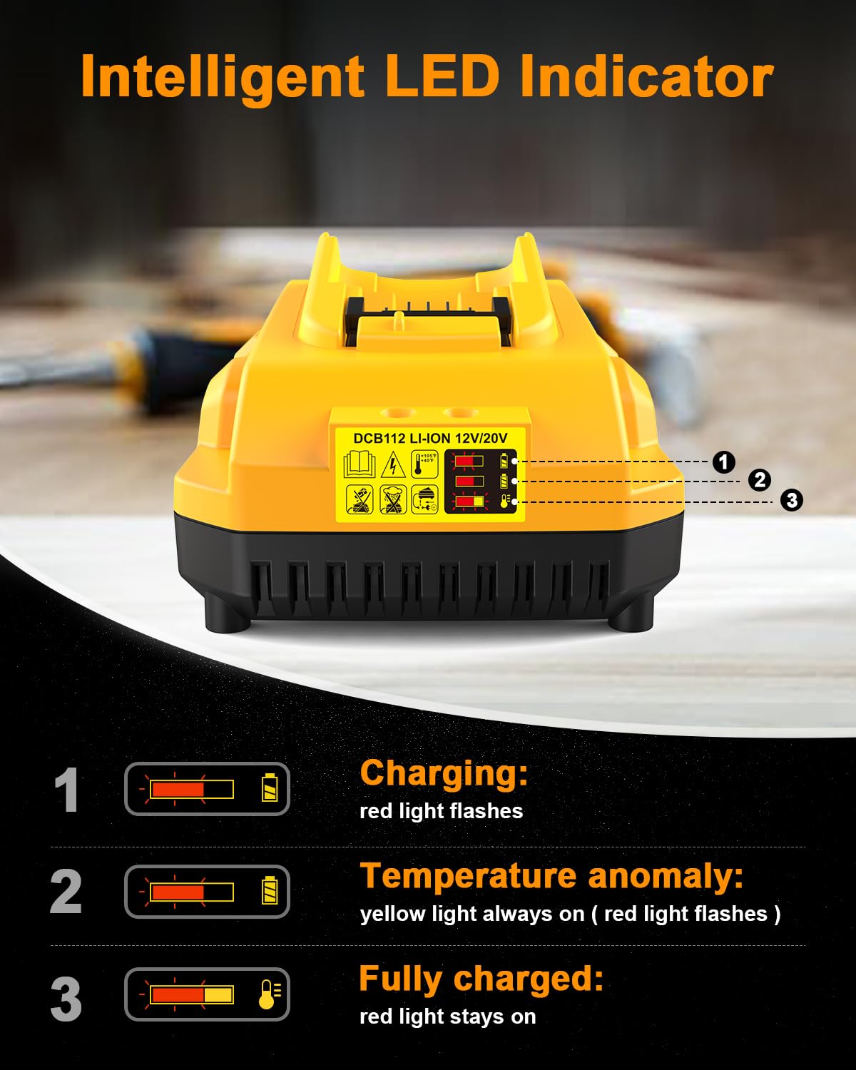 DCB112 20V MAX Battery Charger Replacement for Dewalt 20V/12V Batteries - Fast Charging Compatible with Dewalt DCB107 DCB101 DCB102 DCB115 - Perfect for Power Tools, Drills, Saws and Outdoor Equipment