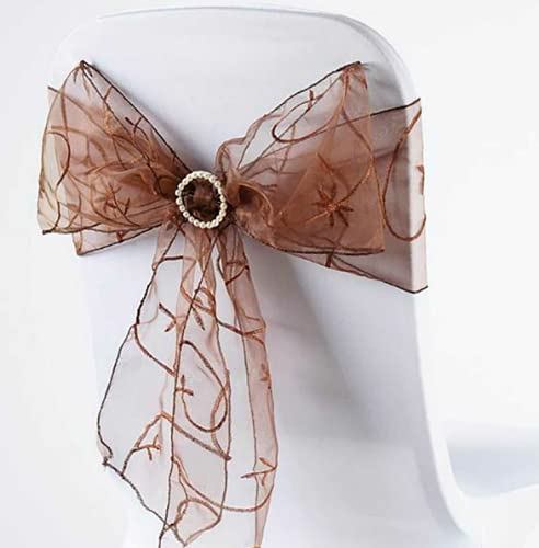 Embroidered Chocolate Brown Organza Chair Sashes - 40-Pack Wedding Chair Bows with Artificial Flowers for Wedding Decor, Party Decorations, Bridal Shower, Banquet & Special Events
