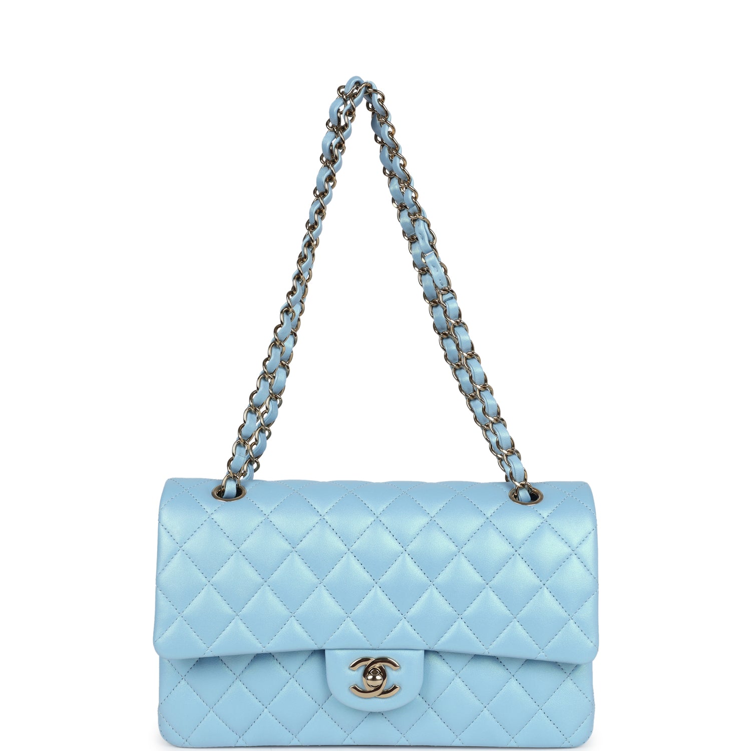 Chanel Medium Classic Double Flap Bag in Blue Iridescent Calfskin with Gold Hardware - Luxury Designer Handbag for Women, Perfect for Evening Events & Special Occasions