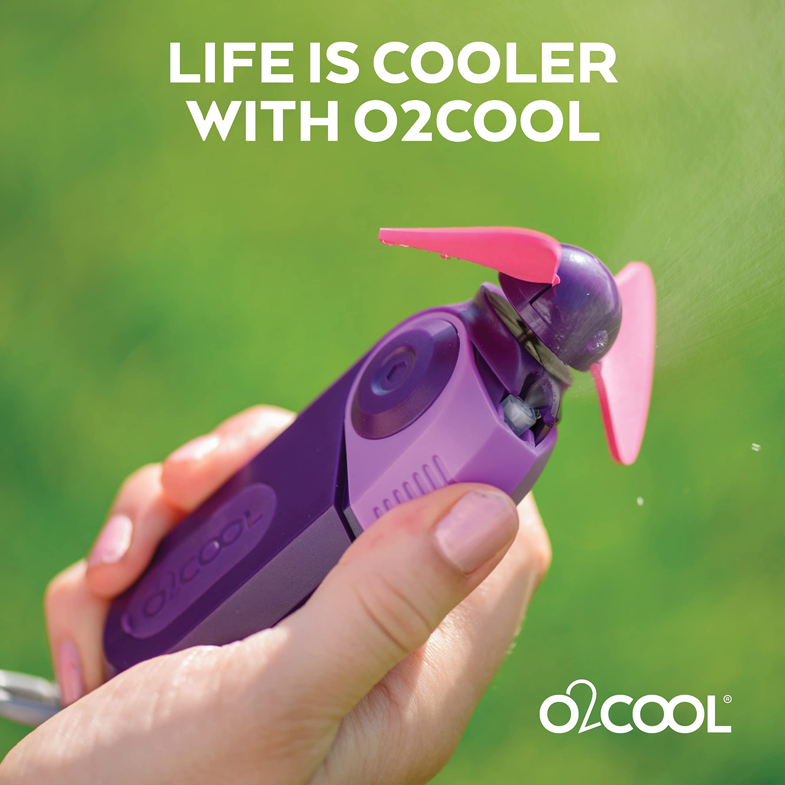 O2COOL 2-Pack Keychain Sport Misting Fan - Portable Battery Powered Handheld Fan with Carabiner Clip & Mister - Compact Cooling Fan for Outdoor Activities, Sports, Travel & Hot Weather (Purple)