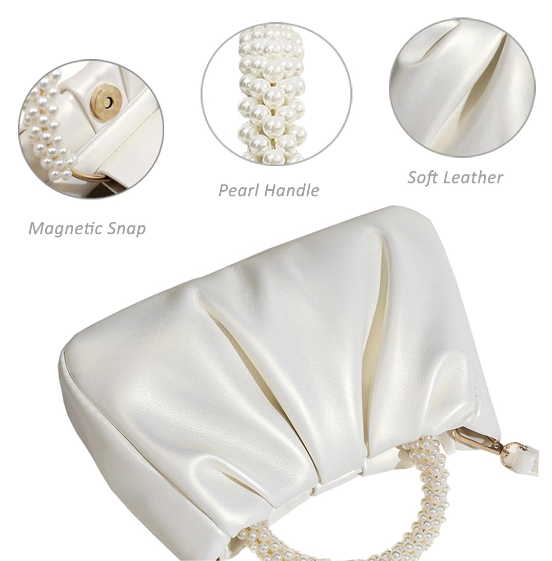 Elegant Pearl Embellished Women's Evening Purse - Soft Leather Ruched Clutch Bag for Wedding, Bridal, Party & Prom - Crossbody Handbag for Special Occasions & Night Out