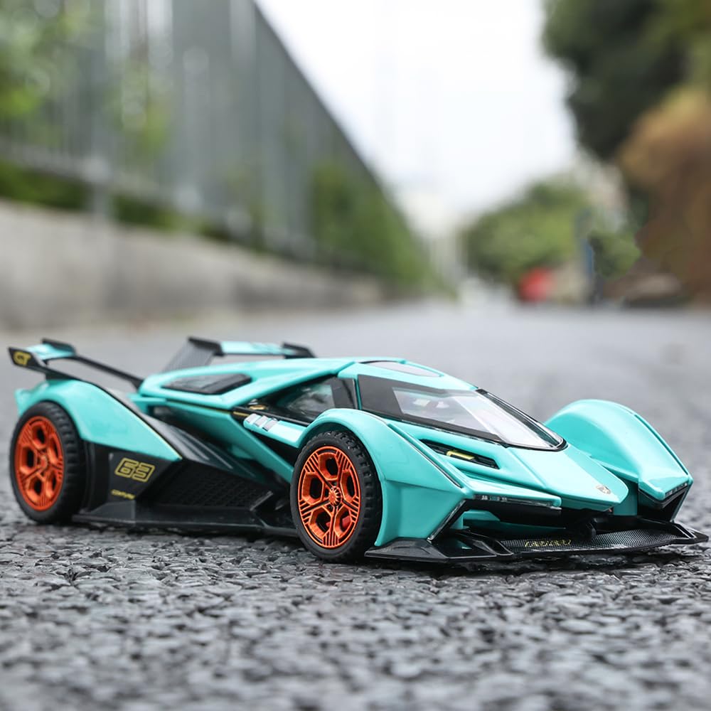 Lamborghini V12 Diecast Metal Toy Car with Light & Sound - Pull Back Race Car for Boys Ages 3+, Blue - Perfect for Birthday Gifts, Racing Games & Kids' Pretend Play