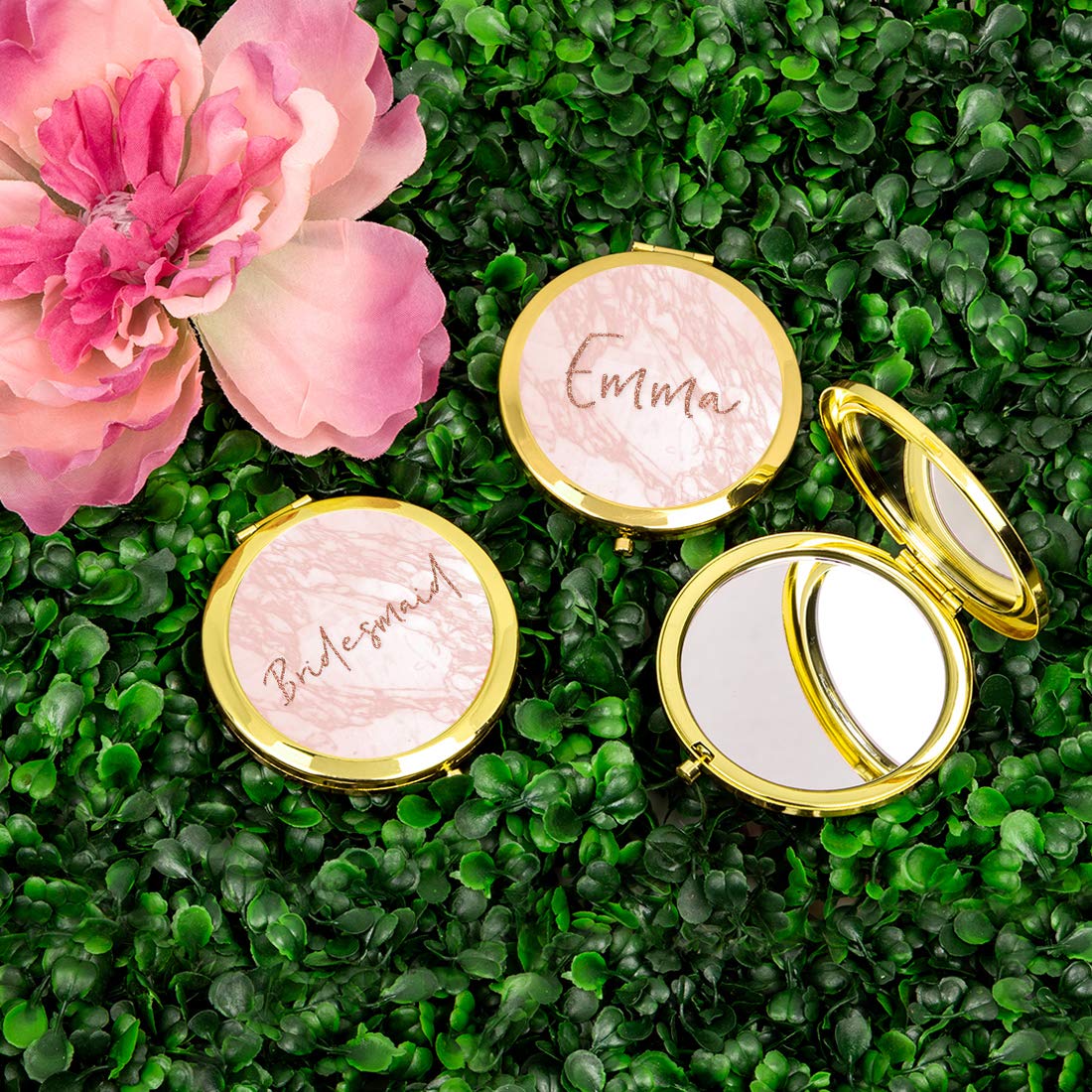 Andaz Press Rose Gold Compact Mirror - Elegant Bridesmaid Gift with Blush Pink Marble & Faux Glitter (1-Pack) | Perfect Wedding Accessory for Bridesmaids, Bachelorette Parties & Special Occasions