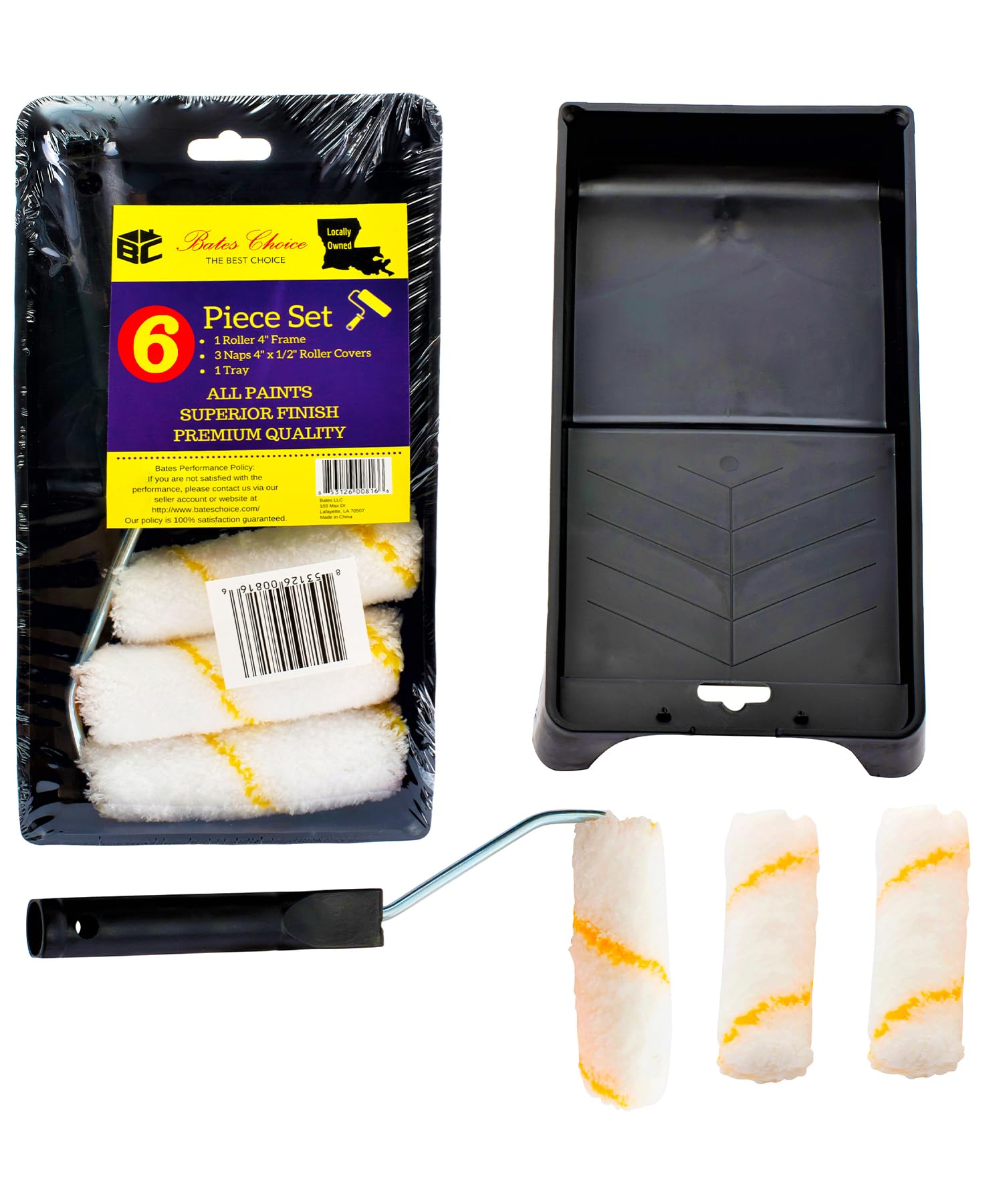 Bates Paint Tray Set - 6pc Small Paint Roller Kit with 4-Inch Roller, Tray & Brush for Walls, Ceilings, DIY Home Projects & Craft Painting