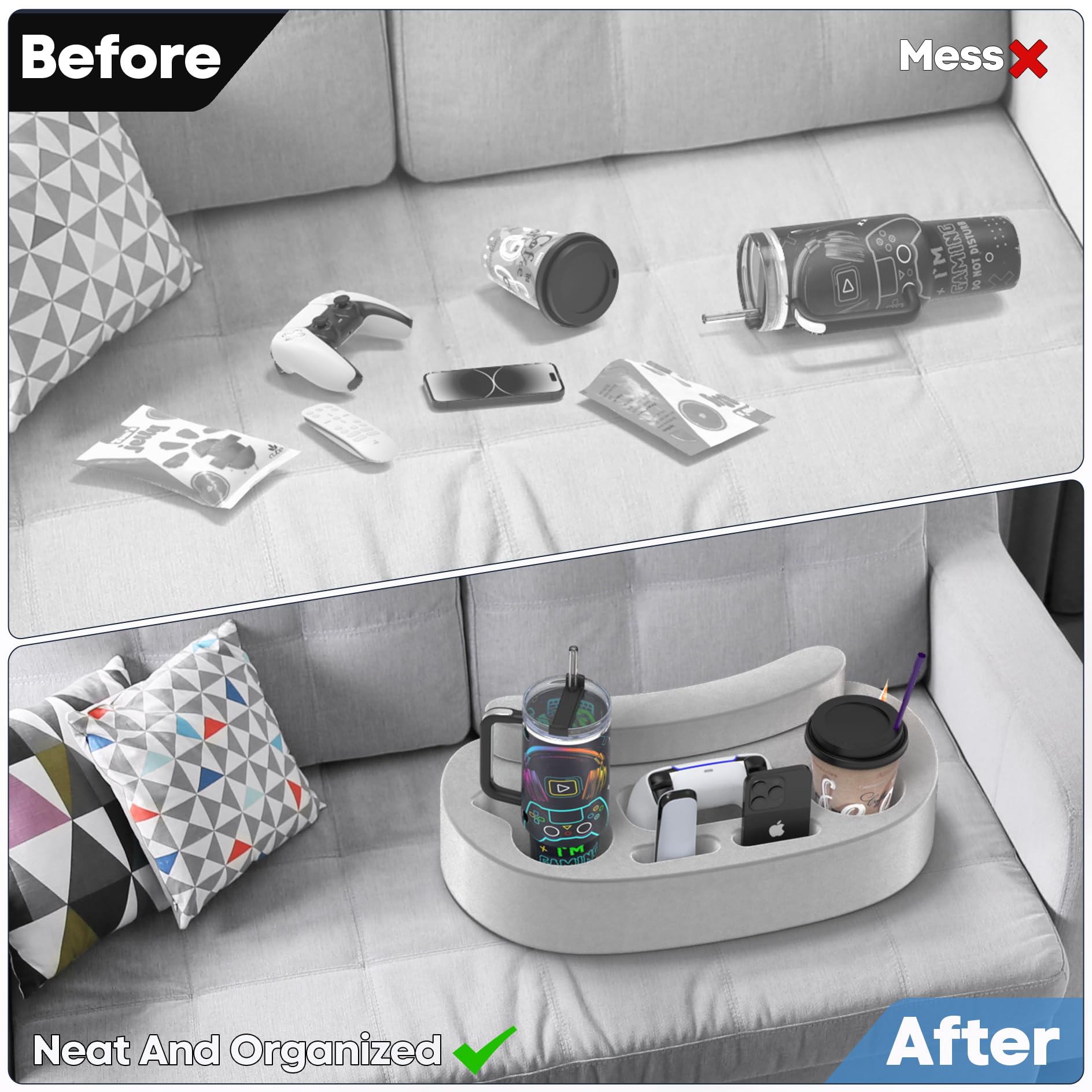 **6-Slot Couch Cup Holder Pillow Tray with Armrest Cushion - Multi-Functional Gaming Caddy for Drinks, Controller, Remote & Phone - Perfect for Gaming, Movie Nights & Relaxing on the Couch**