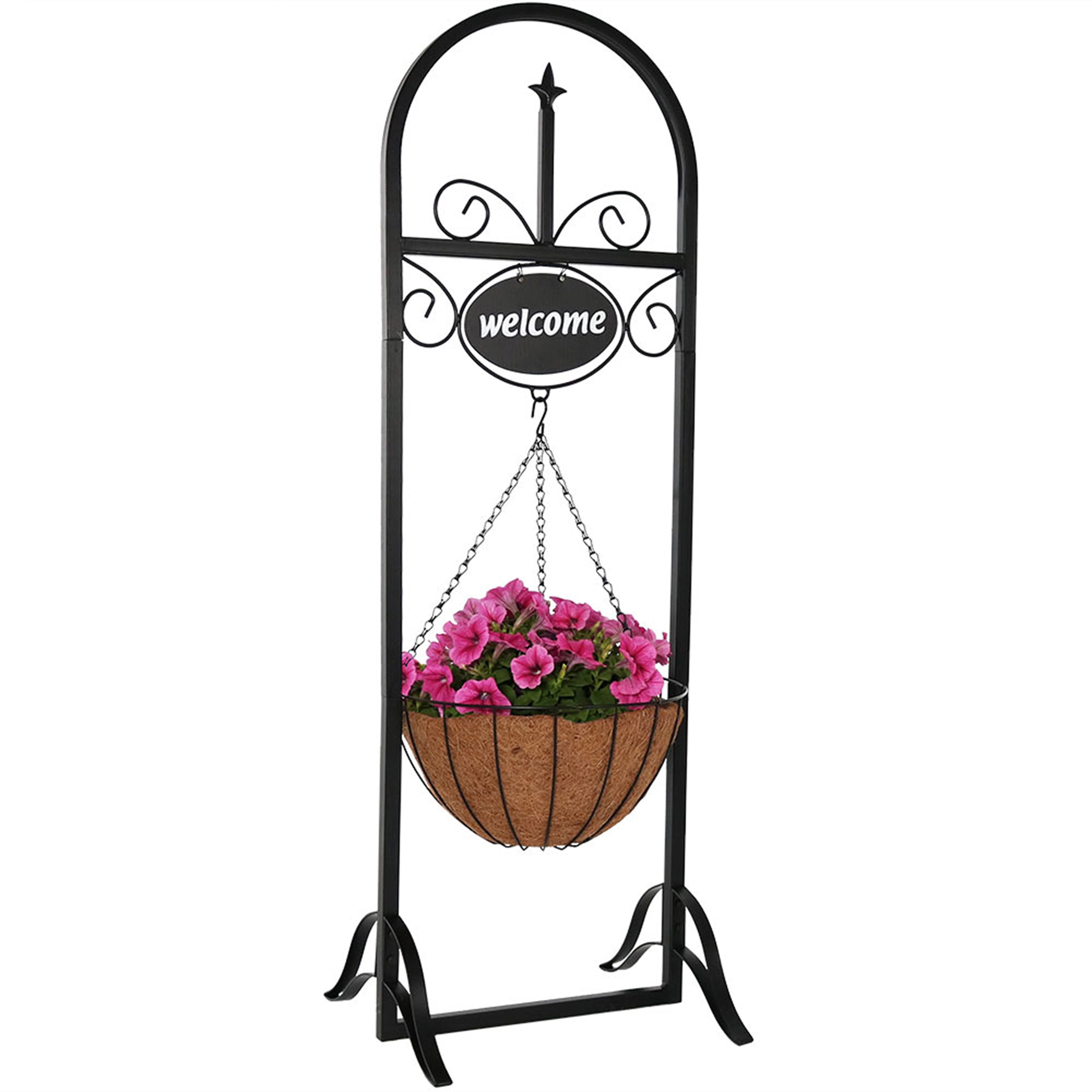 48 Inch Sunnydaze Outdoor Welcome Sign with Hanging Basket Planter Stand - Perfect for Front Porch, Garden Decor & Farmhouse Entryway