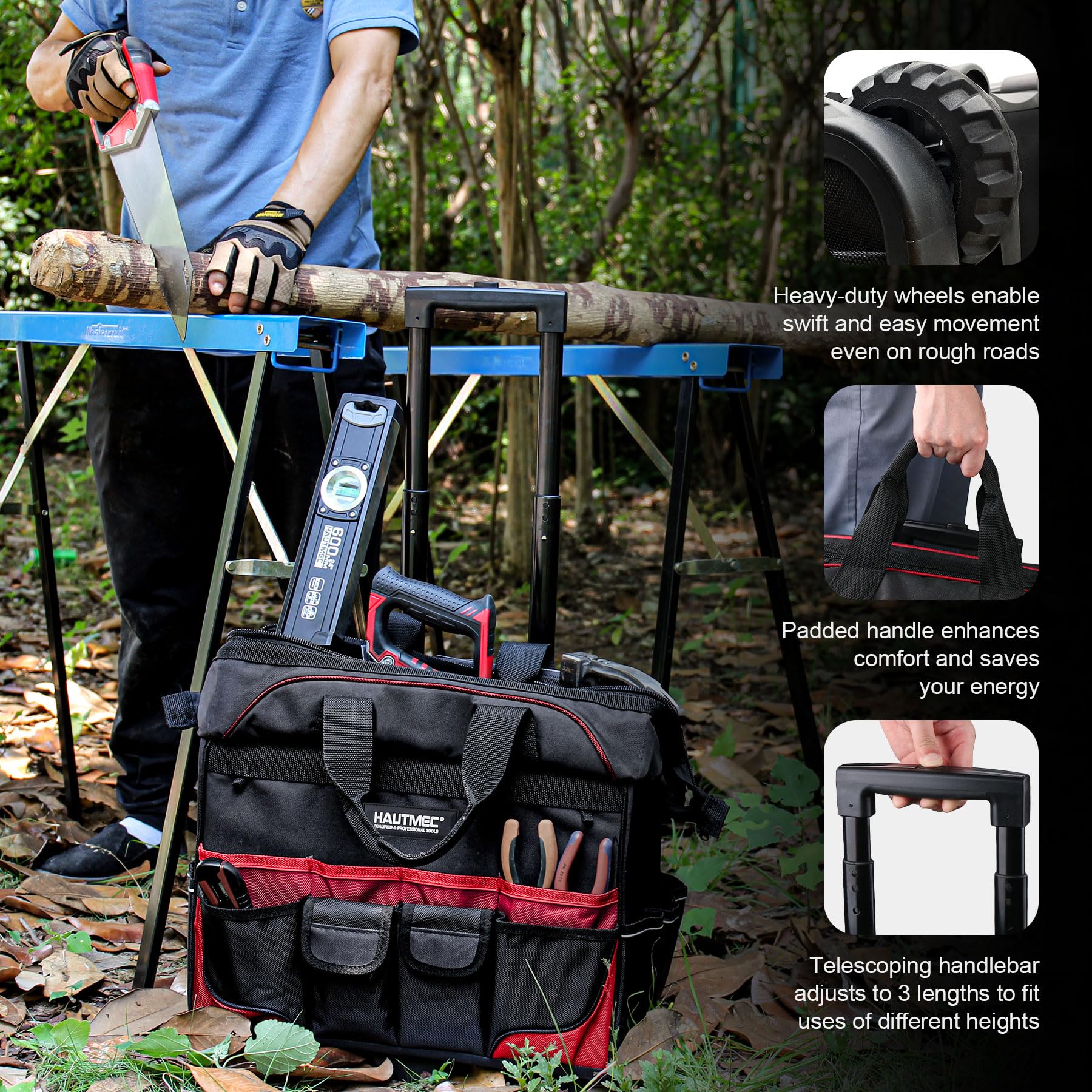 HAUTMEC 3-Piece Rolling Tool Bag Set – 18” Wheeled Tool Bag, 15” Electrician Tool Tote & 12” Wide Mouth Bag, 1680D Water-Resistant Heavy-Duty Portable Tool Storage Organizer – Perfect for Electricians, Contractors & DIY Home Improvement Projects – HT0287