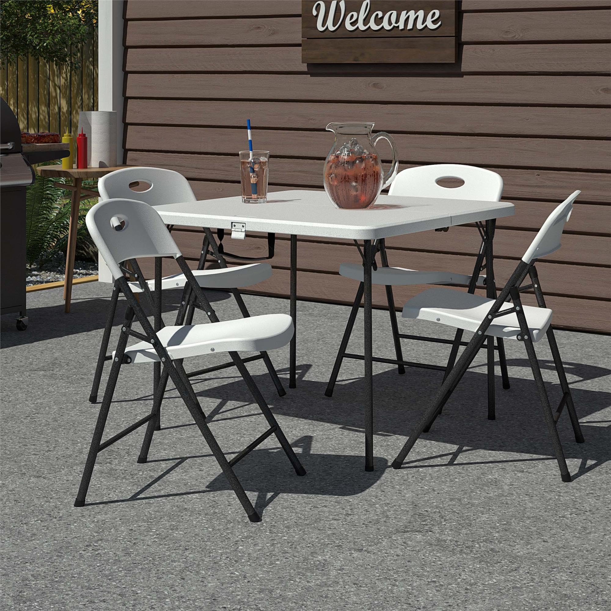 COSCO XL 5-Piece Indoor Outdoor Dining Set with 36 Inch Foldable Card Table & Handle - White - Perfect for Patio, Picnics, Camping & Small Space Living