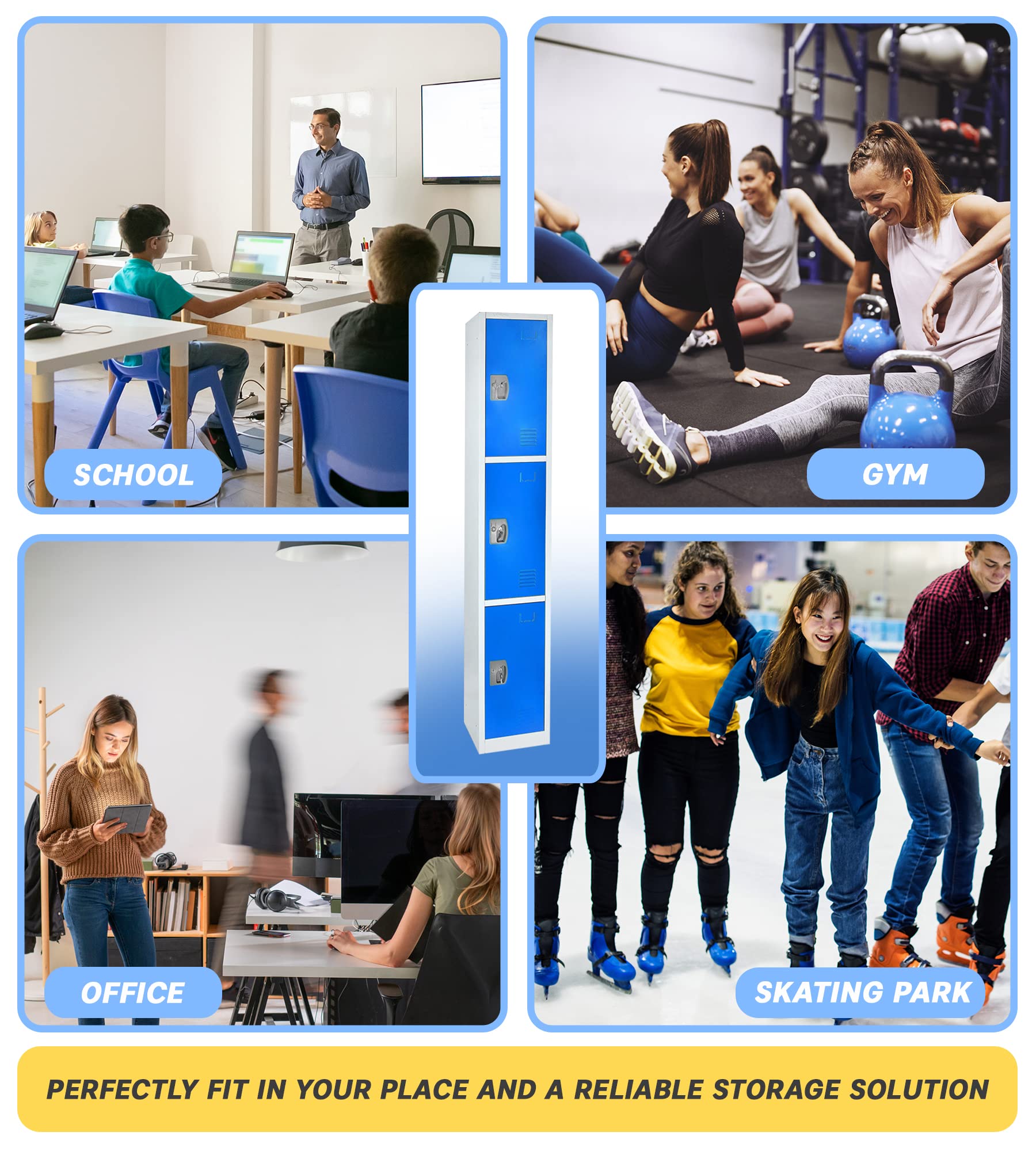 AdirOffice 3-Door Large School Locker with Hooks - Heavy Duty Metal Storage Cabinet for Garage, Office & Classroom Organization (Blue) - Perfect for Storing Sports Gear, Cleaning Supplies & Work Tools