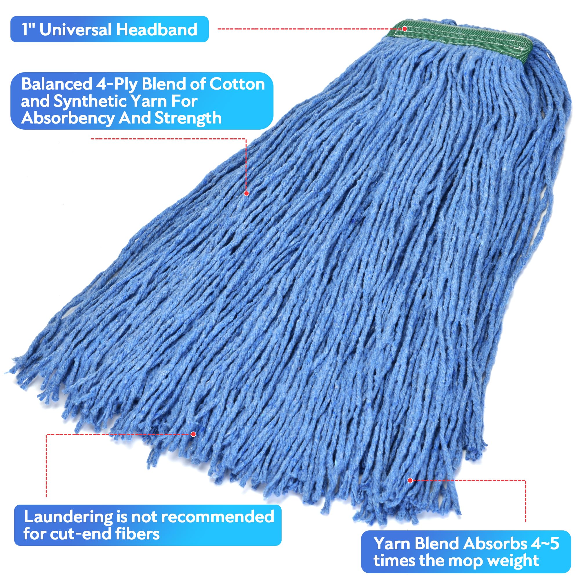 Heavy Duty Cotton Mop Heads 24oz 12-Pack - Universal Replacement for Home & Commercial Cleaning (Blue)