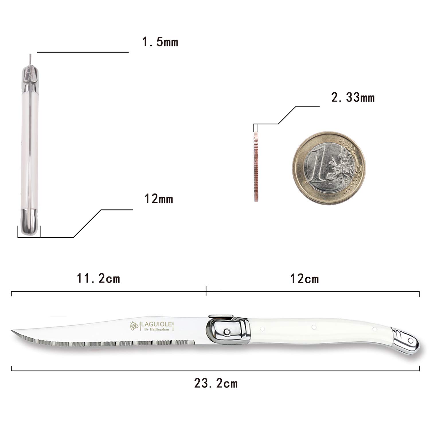 Premium 8-Piece Steak Knife Set - Hailingshan Serrated Stainless Steel Blades, Dishwasher Safe & Razor Sharp - Elegant Laguiole Design with White Plastic Handle - Perfect for Dinner Parties, BBQ, and Steakhouse-Style Dining at Home