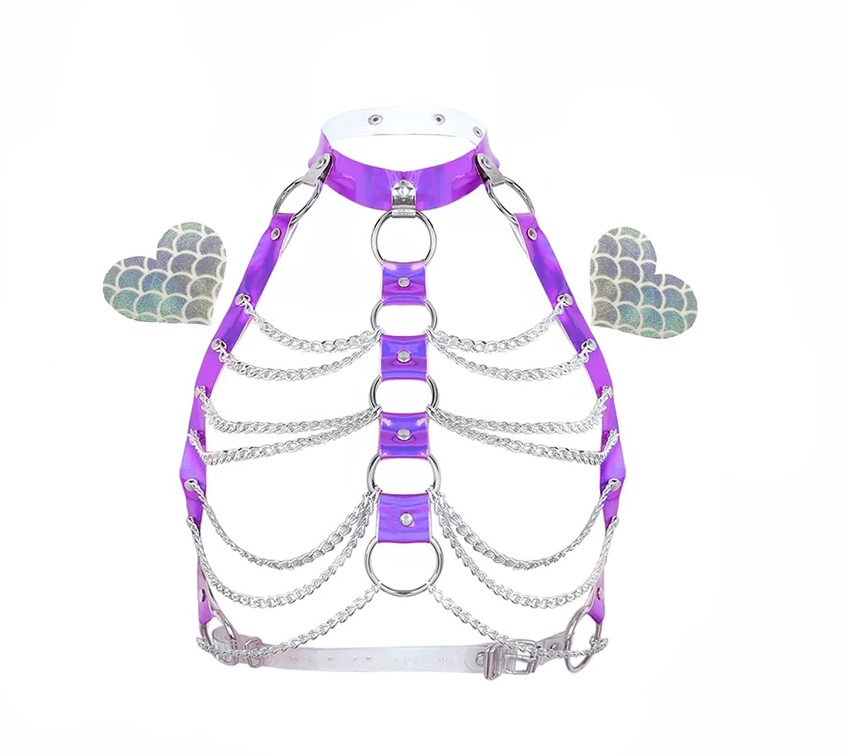 Holographic Rave Body Harness with Chest Cage, Choker & Chain Belts - Festival Costume with Pasties for EDM, Music Festivals & Clubwear Roleplay - Perfect for Rave Parties, Cosplay & Nightclub Outfits