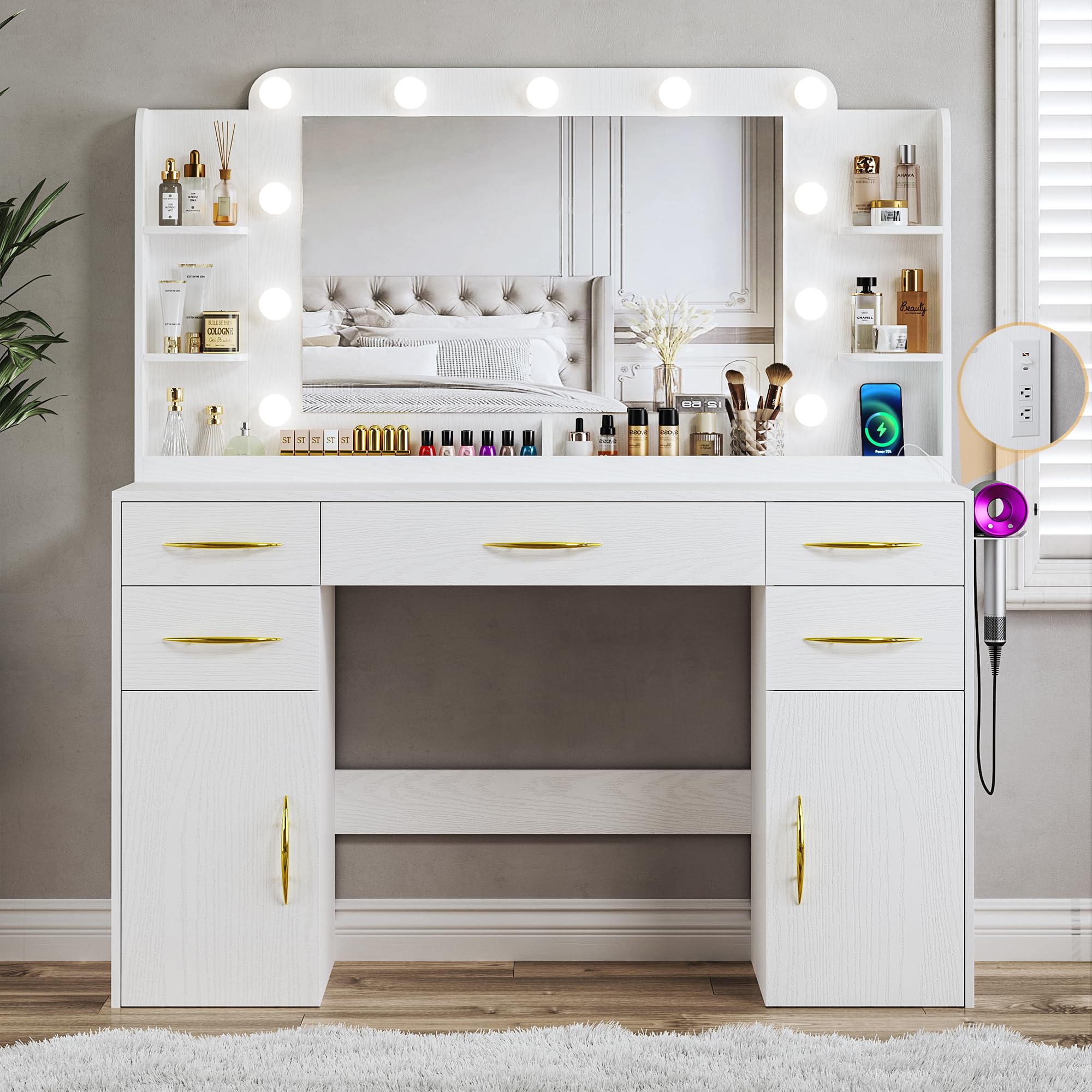 Lighted Makeup Vanity Desk with Mirror & Power Outlet - 3 Color Models, 5 Drawers & 2 Cabinets, White Dressing Table with Shelves for Bedroom | Perfect for Beauty Routines & Home Decor