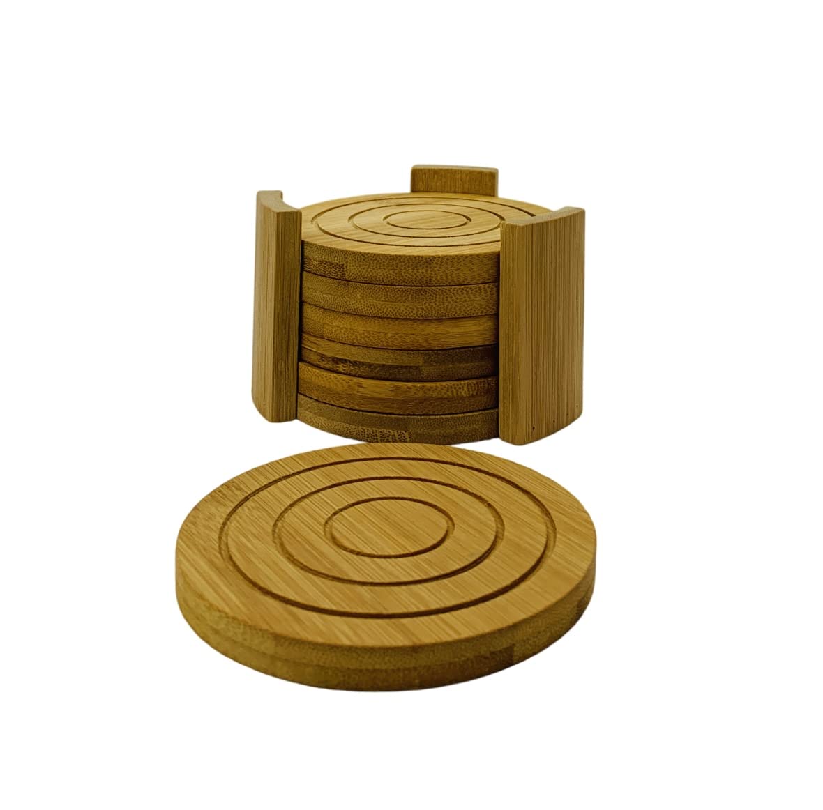 Premium Bamboo Drink Coaster Set with Holder - 6-Piece Natural Wood Coasters for Coffee Table (4.3 x 0.4 Inch) - Perfect for Home, Office, and Restaurant Use - Set of 10