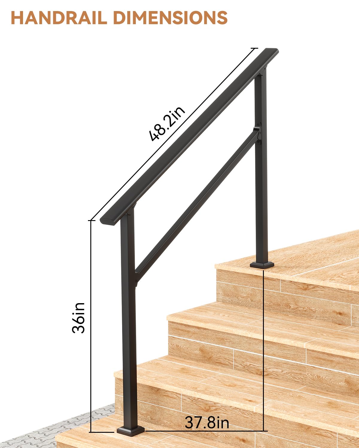 GARVEE 4-Step Black Metal Handrail for Outdoor Stairs - Heavy Duty Stair Railing with Anti-Rust Finish - Perfect for Porch, Deck, Patio, and Garden Steps