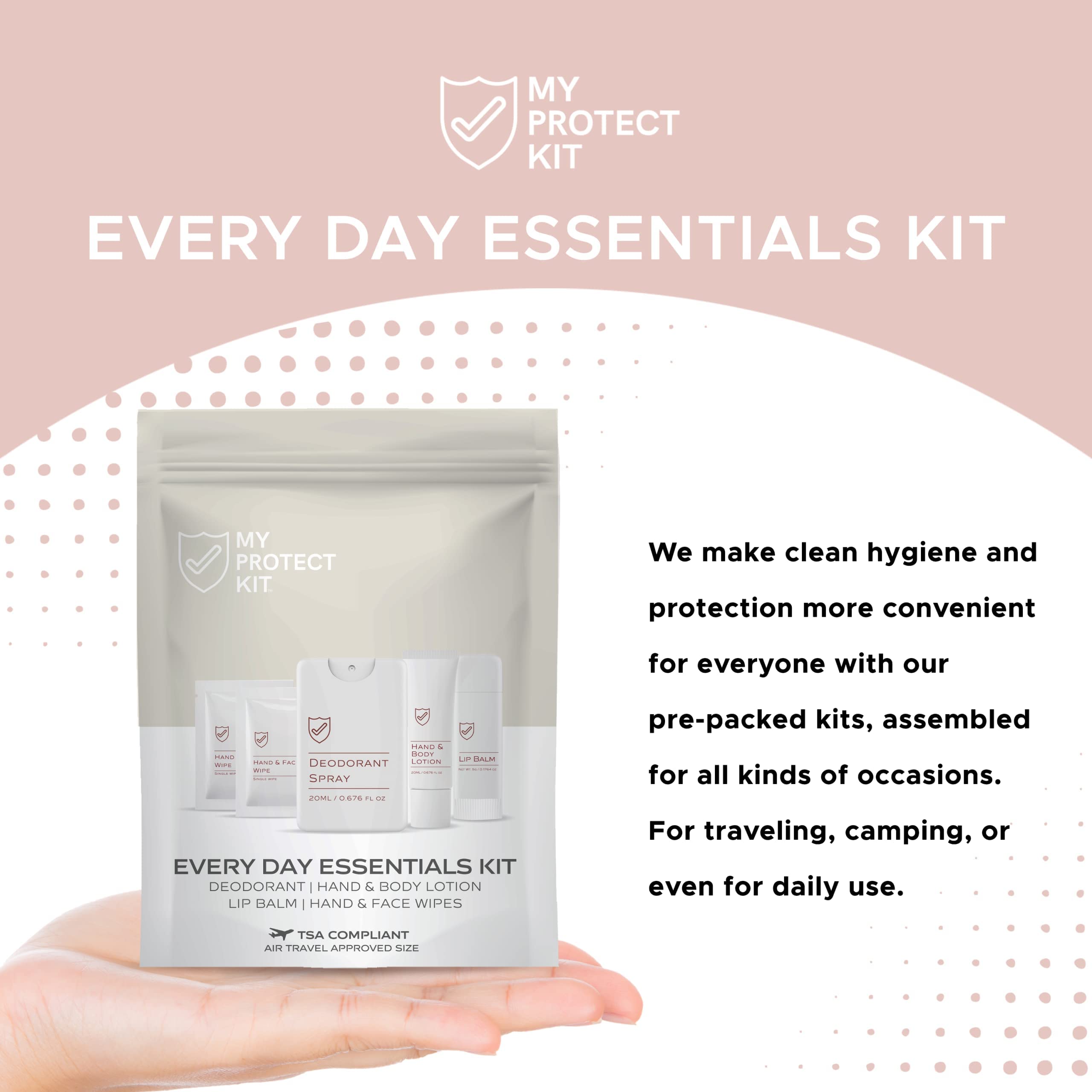 TSA Approved Travel Toiletry Kit for Men & Women - Hygiene Essentials with Hand & Body Lotion, Deodorant, Lip Balm, Face Wipes - Perfect for Airplane, Camping & Business Trips - My Protect Kit