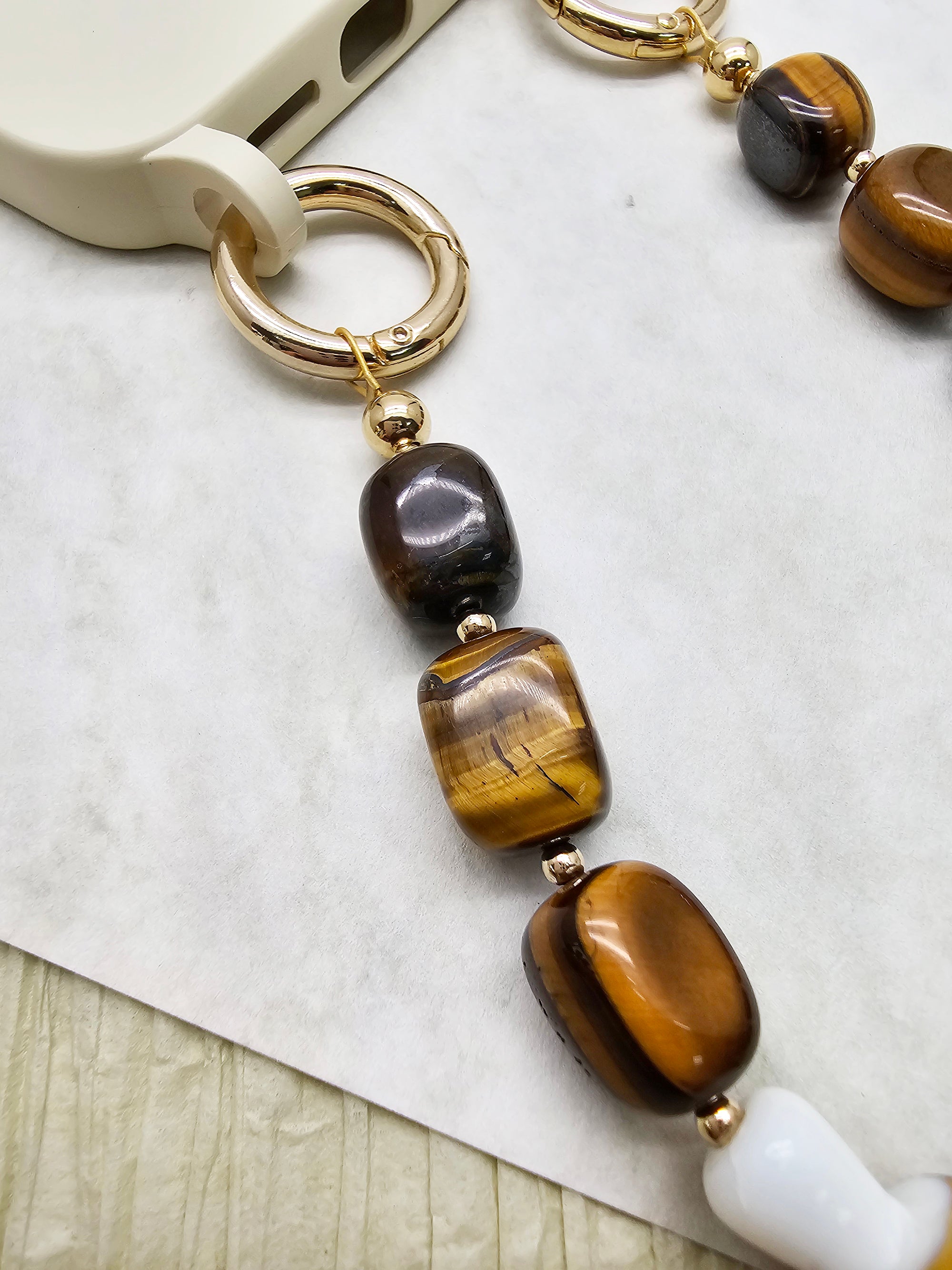 Natural Tiger Eye Stone with Mushroom & Heart Charm Short Phone Strap - Stylish Phone Accessory for iPhone Android (PC025) | Perfect Gift for Friends, Daily Use & Fashion Statement