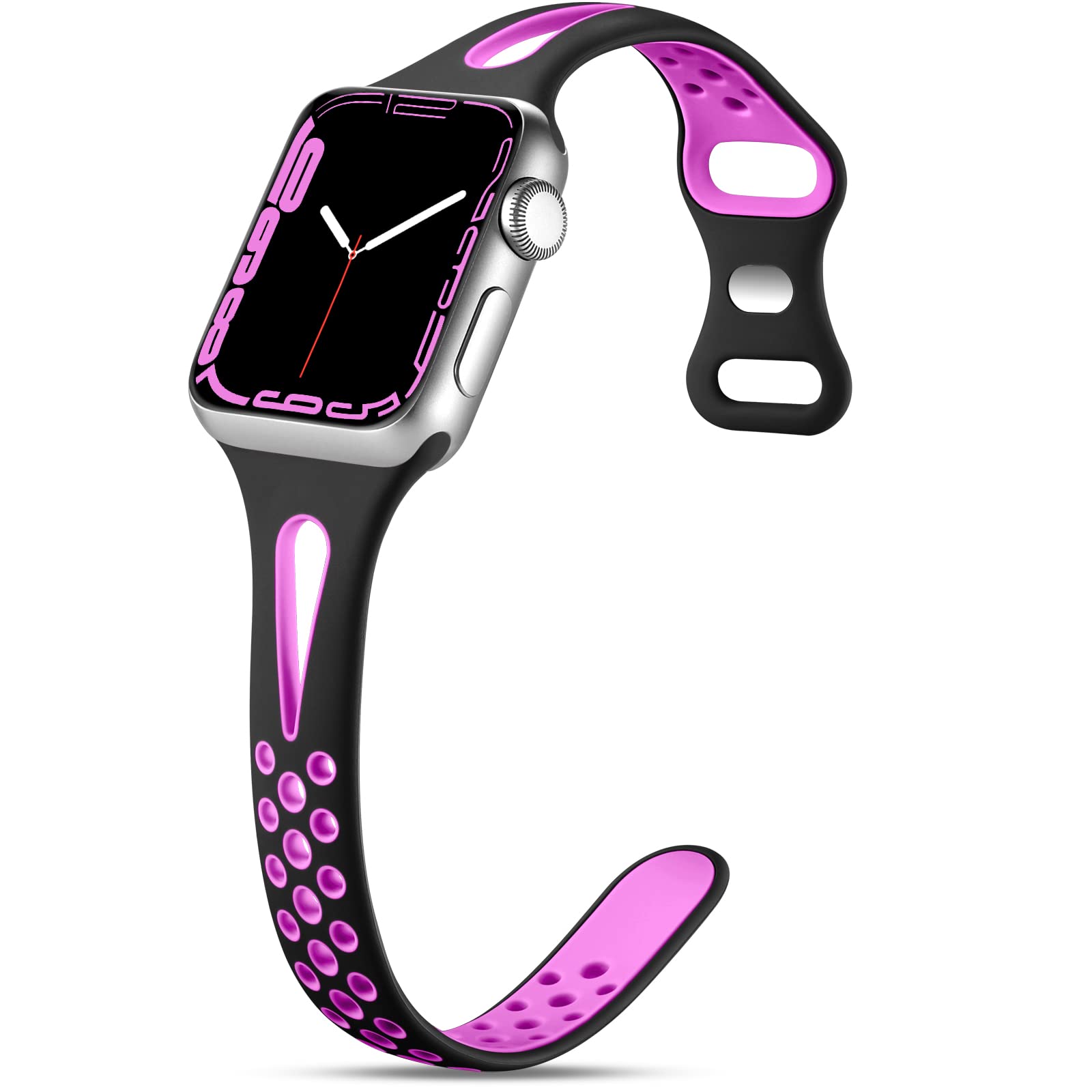Getino Slim Sport Band for Apple Watch Series 1-8, SE & Ultra - Soft Silicone Breathable Wrist Strap Compatible with 38mm/40mm/41mm/42mm/44mm/45mm/49mm - Black/Purple - Perfect for Workouts, Running & Everyday Wear