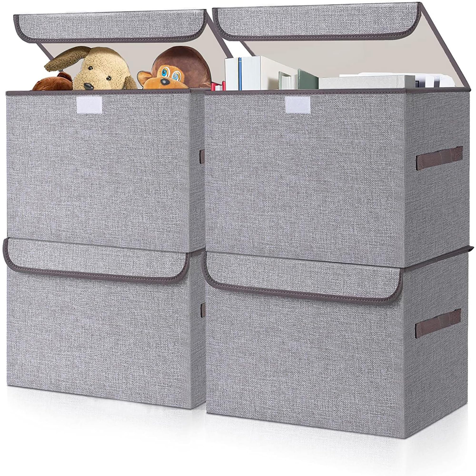22 Quart Large Foldable Storage Bins with Flip-Top Lid & Handles - 4 Pack Gray Linen Fabric Organizer Baskets for Clothes, Blankets, Toys - Perfect for Home, Office, Closet & Nursery Organization (14.6 x 9.5 x 9.5 Inches)