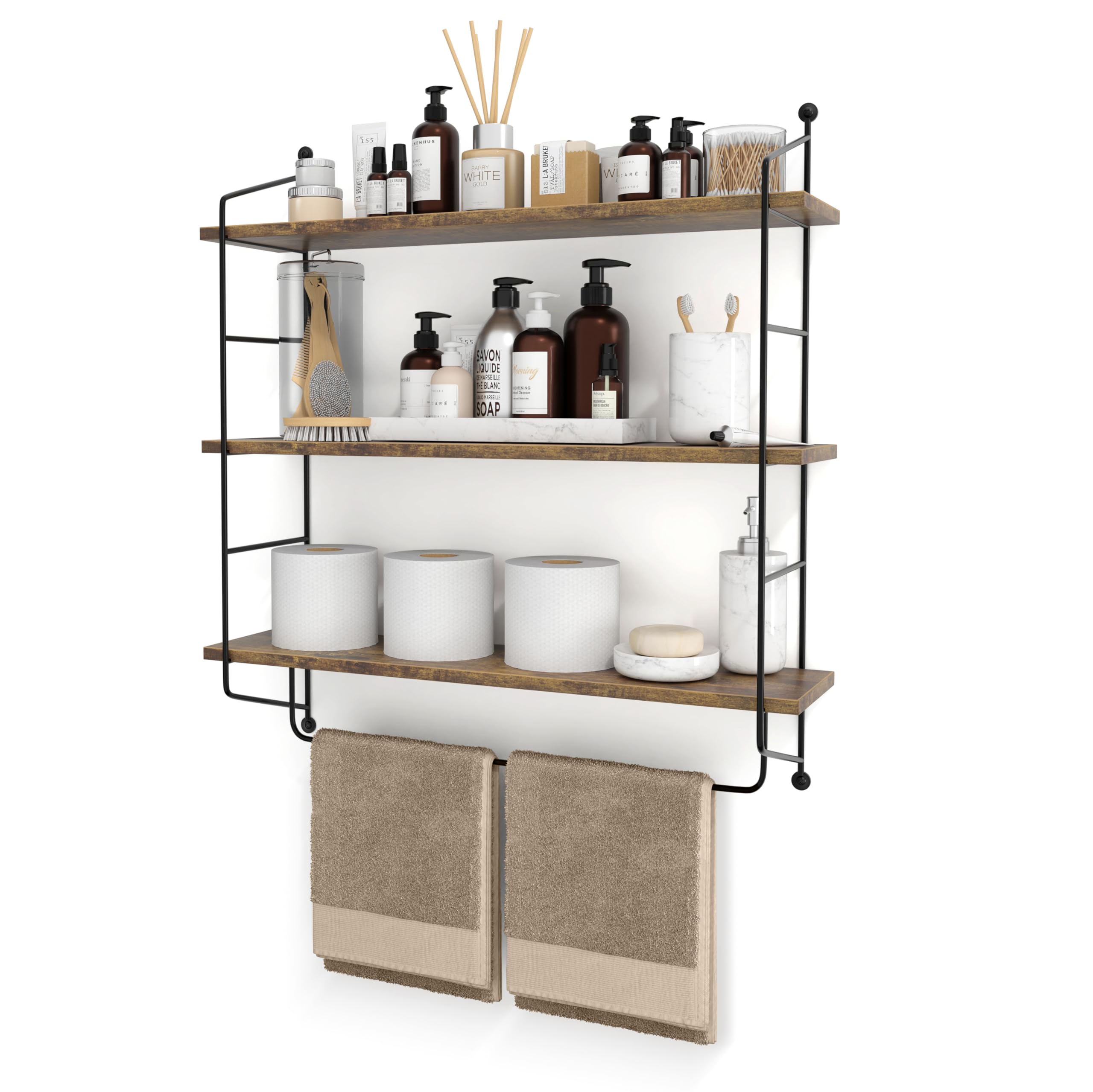 Sorbus 3-Tier Floating Wall Shelves - Rustic Brown Wood Bathroom Storage for Towels, Toiletries & Decor | Over The Toilet Organizer, Gaming Room & Home Decor | Space-Saving Solution for Small Bathrooms & Bedrooms