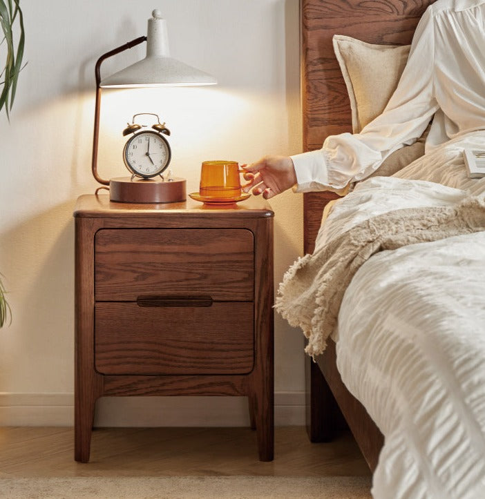 Solid Oak Wood Nightstand with 2 Drawers - Bedside Table for Bedroom, Living Room, or Guest Room Storage