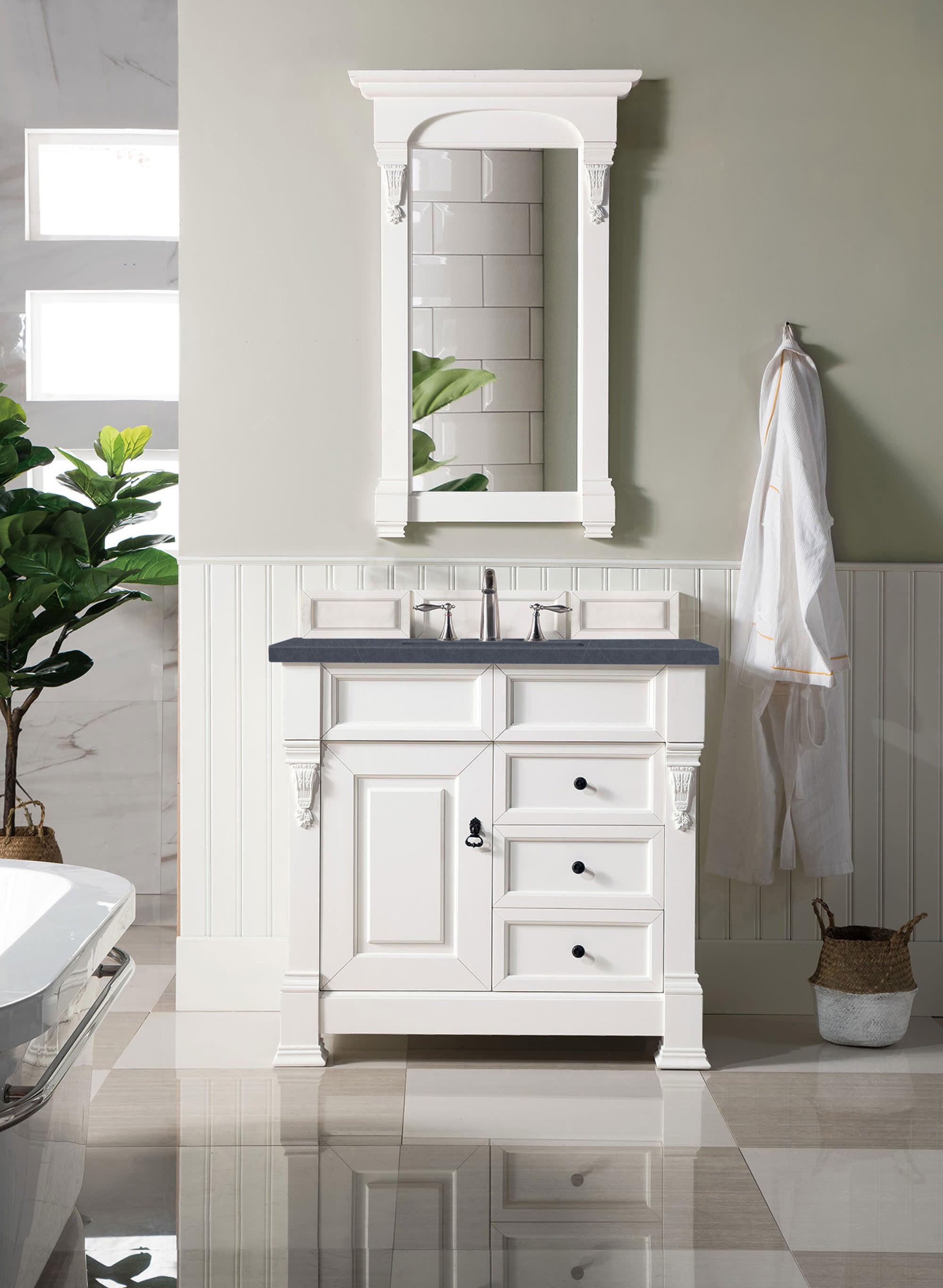 Brookfield 36 Inch Single Bathroom Vanity Set with Bright White Finish & 3CM Charcoal Soapstone Quartz Countertop - Perfect for Modern Master Bathrooms and Powder Rooms