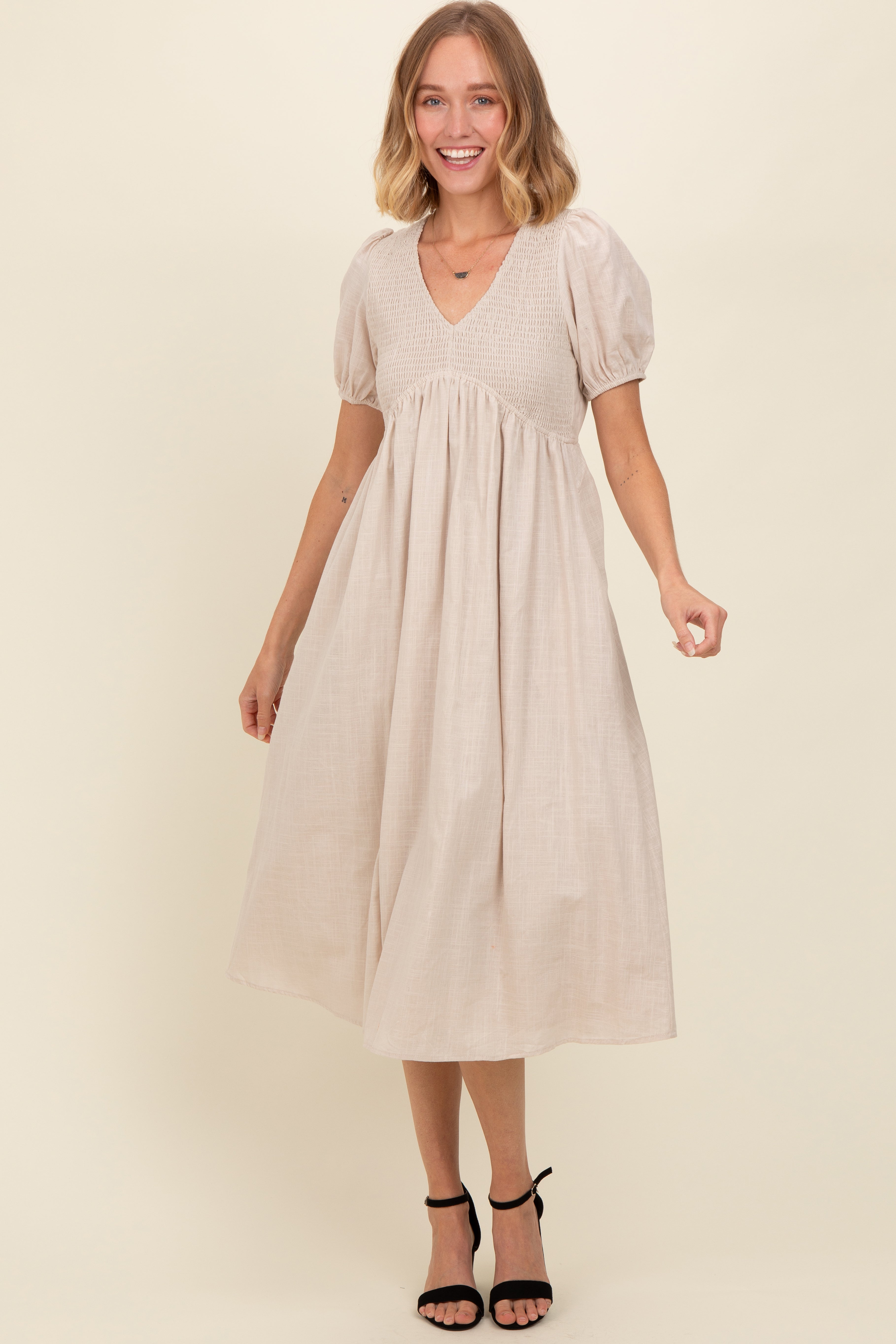 Beige Smocked V-Neck Puff Sleeve Maternity Midi Dress for Pregnancy Photos & Baby Showers - Comfortable Stretchy Flowy Dress for Moms-to-Be