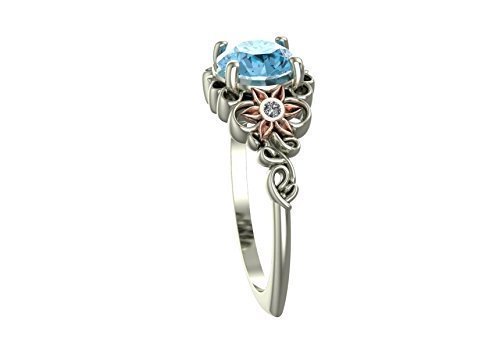 Unique Two-Tone White Rose Gold Aquamarine Flower Engagement Ring with Leaves Design by Vidar Boutique - Perfect for Proposals, Weddings & Anniversary Gifts