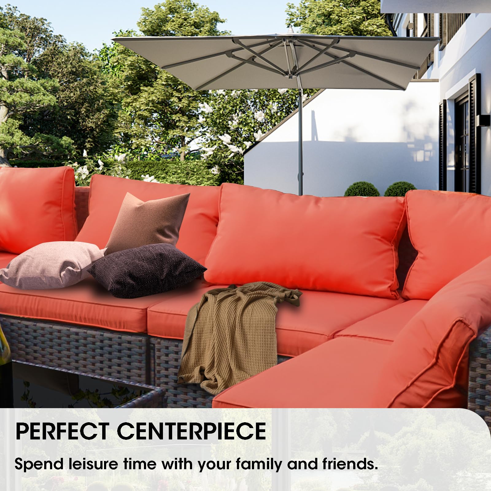 Grezone 7-Piece Outdoor Sectional Sofa Set with High Backrest - All-Weather PE Rattan Patio Furniture with Coffee Table, Cushions & Black Glass Table (Red) - Perfect for Backyard, Garden, Poolside & Outdoor Entertaining