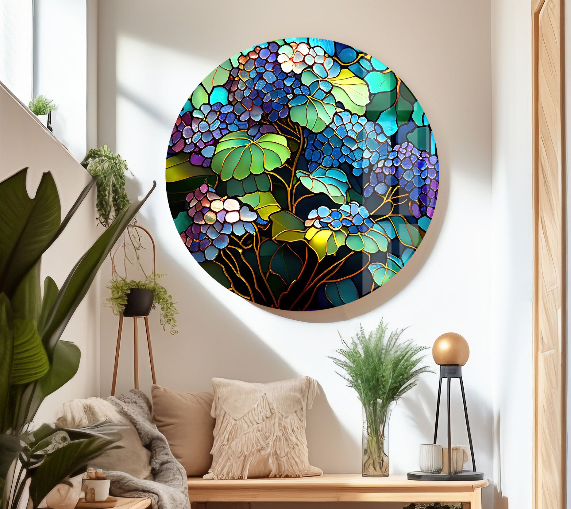 Blue Hydrangea Stained Glass Wall Art - Vertical Floral Glass Print for Home Decor, Church, Wedding & Office | Handmade Glass Painting Gift for Women