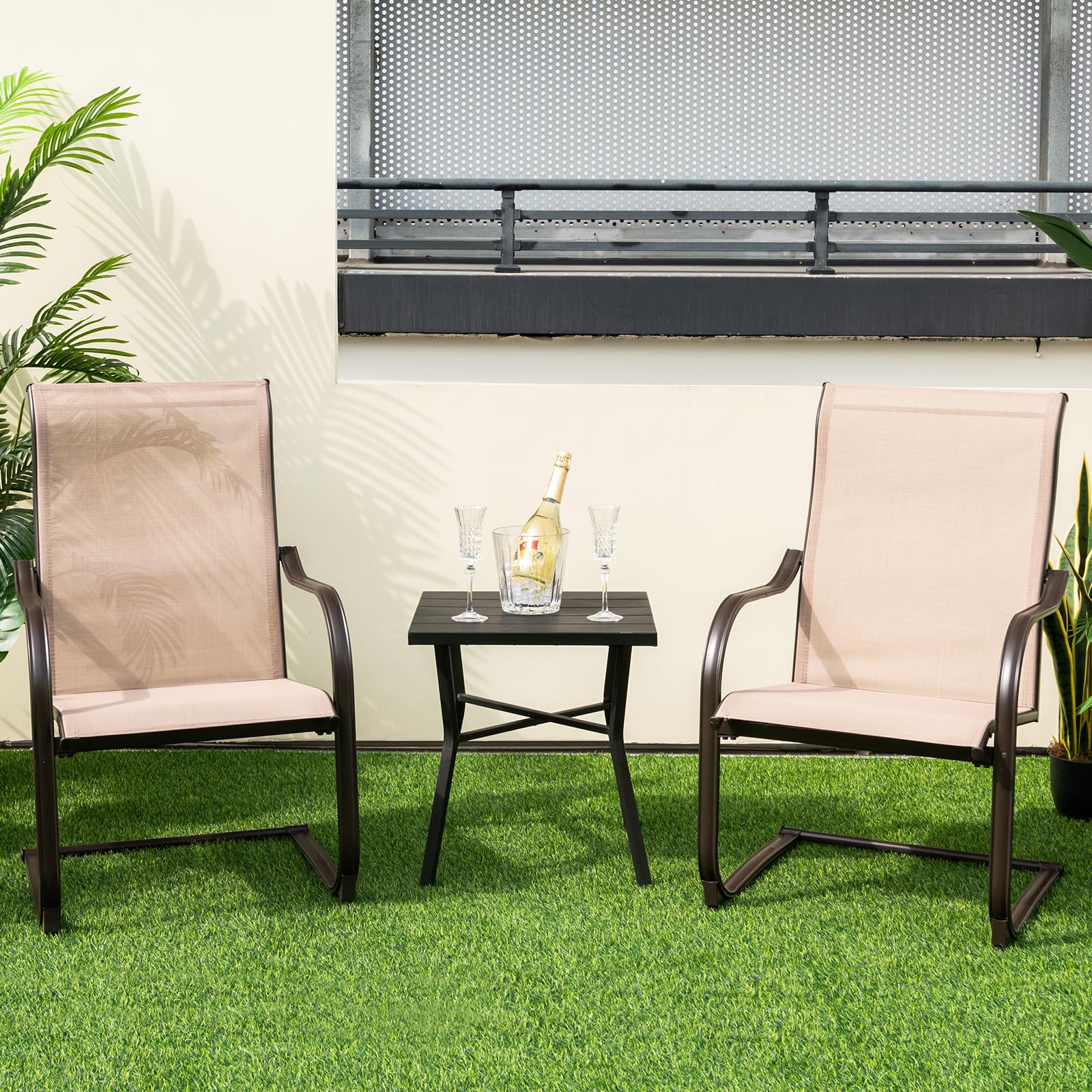 Tangkula 2-Piece Outdoor Dining Chairs Set - Patio C-Spring Motion Chairs with Breathable Fabric & Heavy-Duty Metal Frame - Comfortable High Back Chairs for Backyard, Porch, Poolside, Garden (Brown) - Perfect for Relaxing, Entertaining & Outdoor Dining