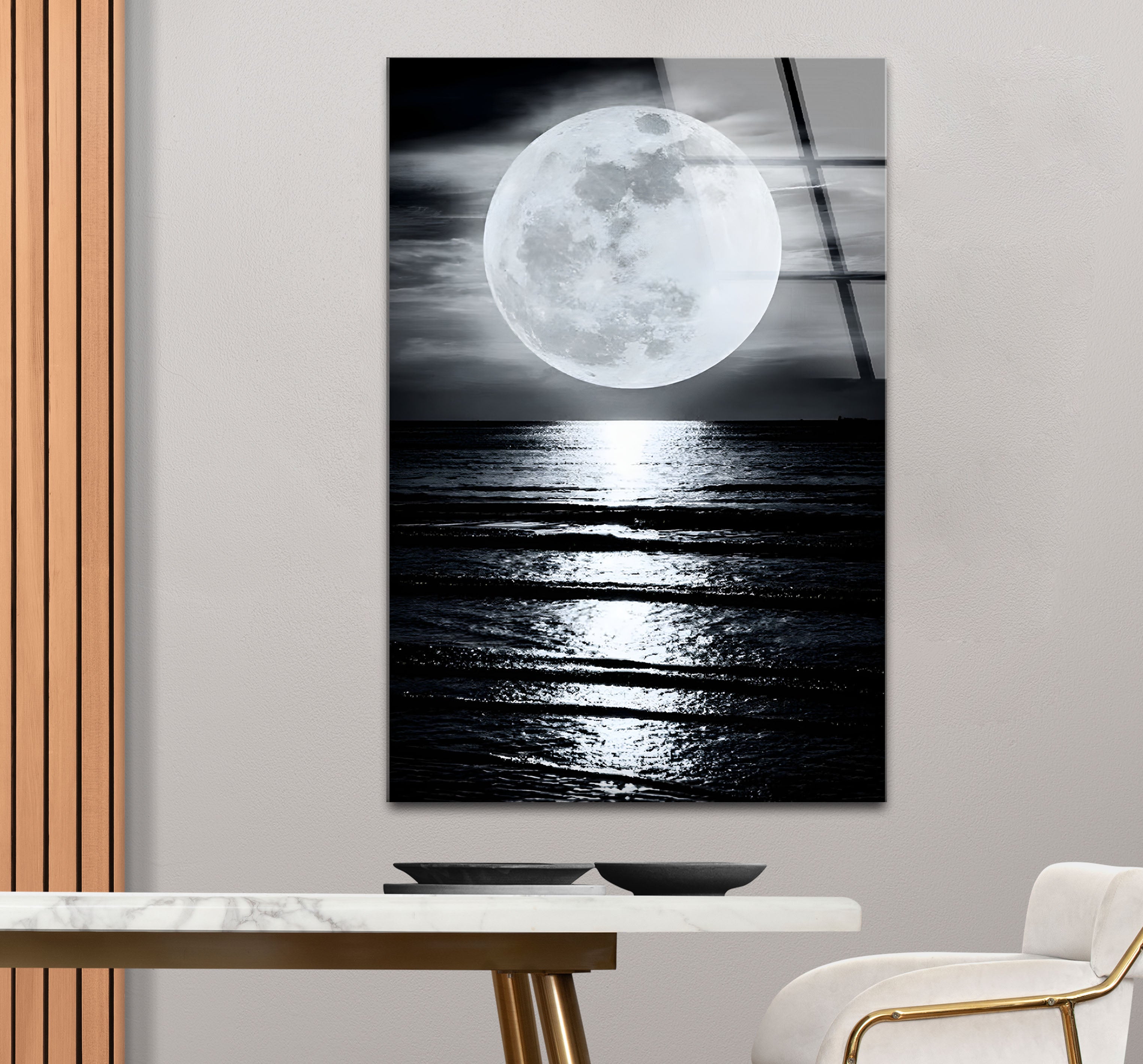 Black and White Moon Landscape Glass Wall Art - Modern Home Decor for Living Room, Bedroom & Office - Perfect Gift for Housewarming, Wedding & Birthday