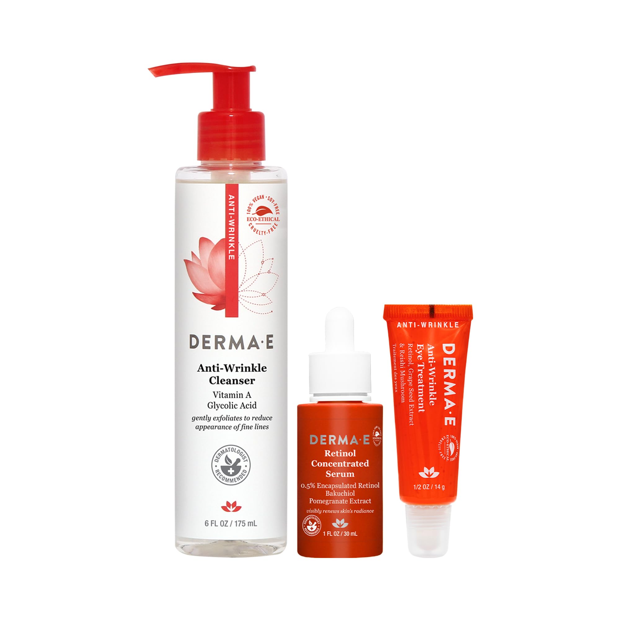 Derma E Anti-Wrinkle Skincare Set - Glycolic Acid Face Wash, Retinol Serum & Renewal Cream with Vitamin E (6oz Cleanser + 1oz Serum + 4oz Cream + 0.5oz Eye Treatment) - Daily Anti-Aging Routine for Mature Skin