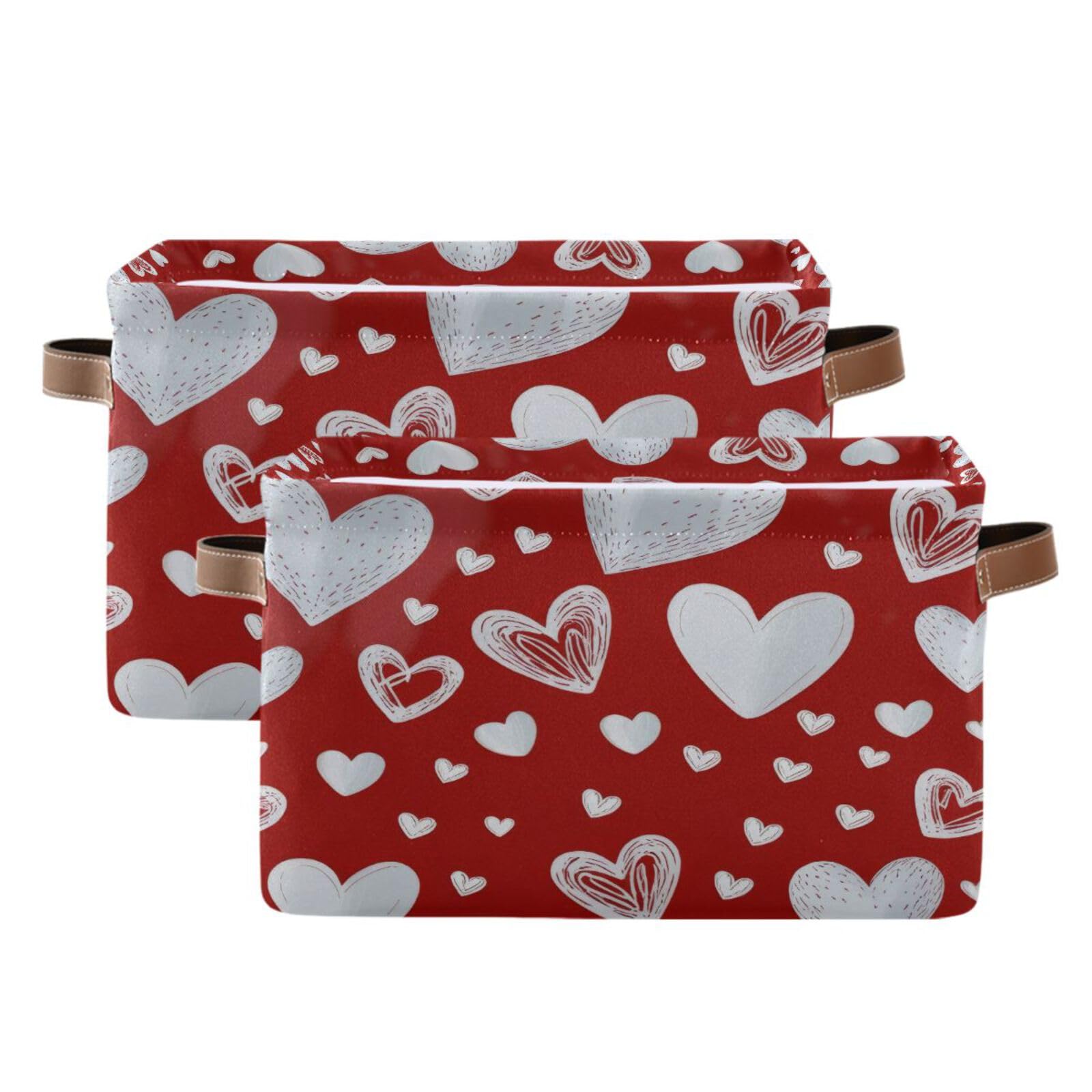 2PCS Red Heart Valentine's Day Fabric Storage Bins with Handles - Closet Organizer Baskets for Clothes, Toys & Home Decor | Perfect for Bedroom, Nursery & Gift Giving