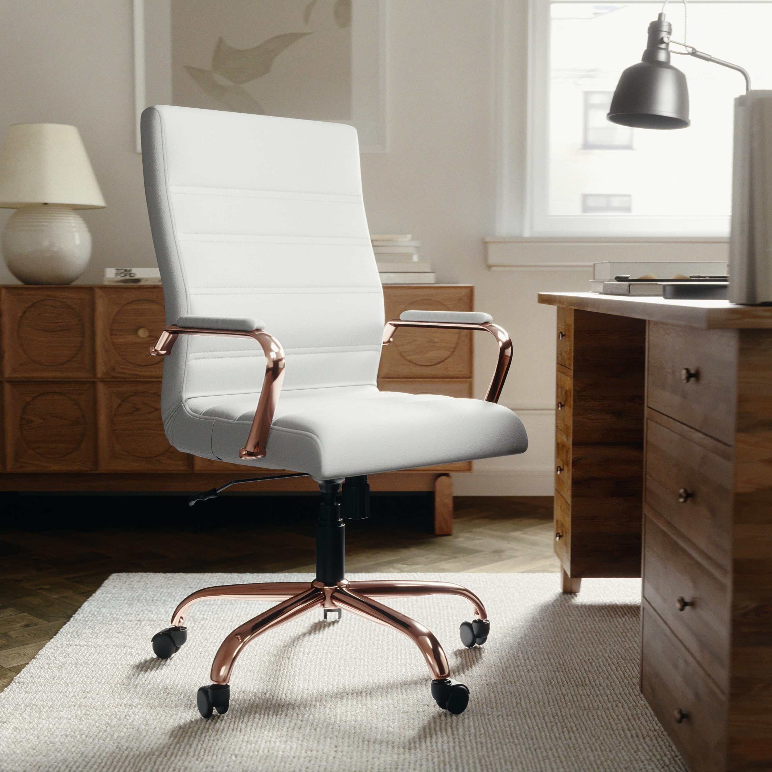 Premium White LeatherSoft High Back Executive Office Chair with Rose Gold Frame - Ergonomic Swivel Arm Chair for Home & Office Workspaces