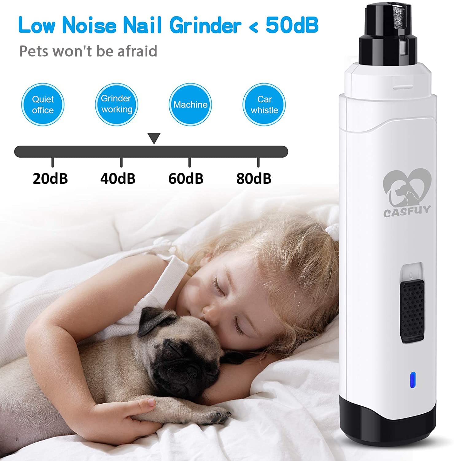 Casfuy Upgraded Dog Nail Grinder - Professional 2-Speed Electric Pet Nail Trimmer for Small, Medium & Large Dogs & Cats | Rechargeable, Painless Paws Grooming & Smoothing | Perfect for Home Grooming & Pet Spa Days (White)