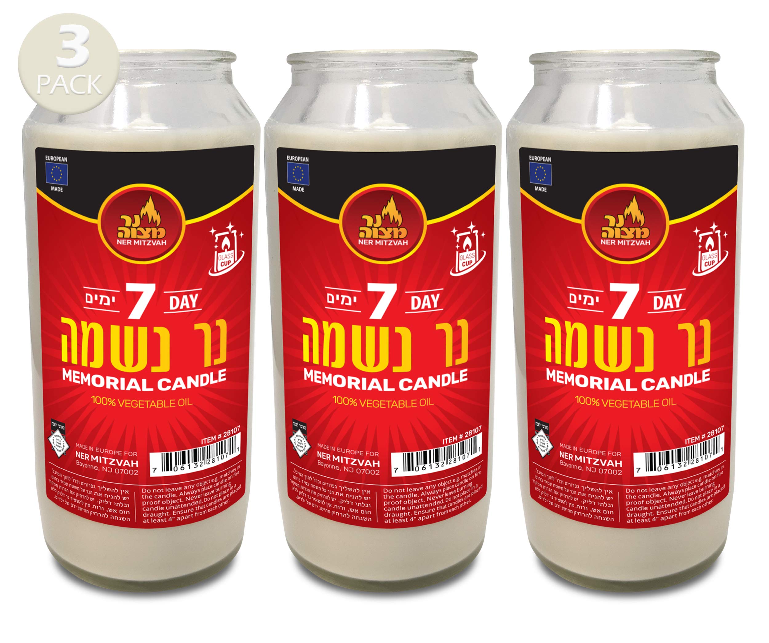 7 Day Yahrzeit Candle - Kosher White Memorial Candles (3-Pack) for Yom Kippur & Jewish Holidays - 100% Vegetable Wax Prayer Candle in Glass Jar - Perfect for Synagogue, Home Memorials & Religious Ceremonies
