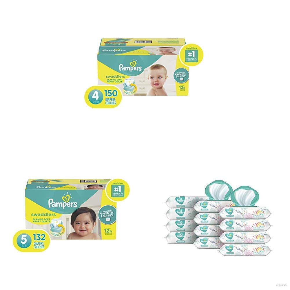 Pampers Swaddlers Disposable Baby Diapers Size 4 (150 Count) & Size 5 (132 Count) with Sensitive Water-Based Baby Wipes (12 Packs, 864 Wipes) - Soft, Hypoallergenic Diaper Bundle for Newborns & Toddlers - Perfect for Daycare, Travel & Overnight Protection