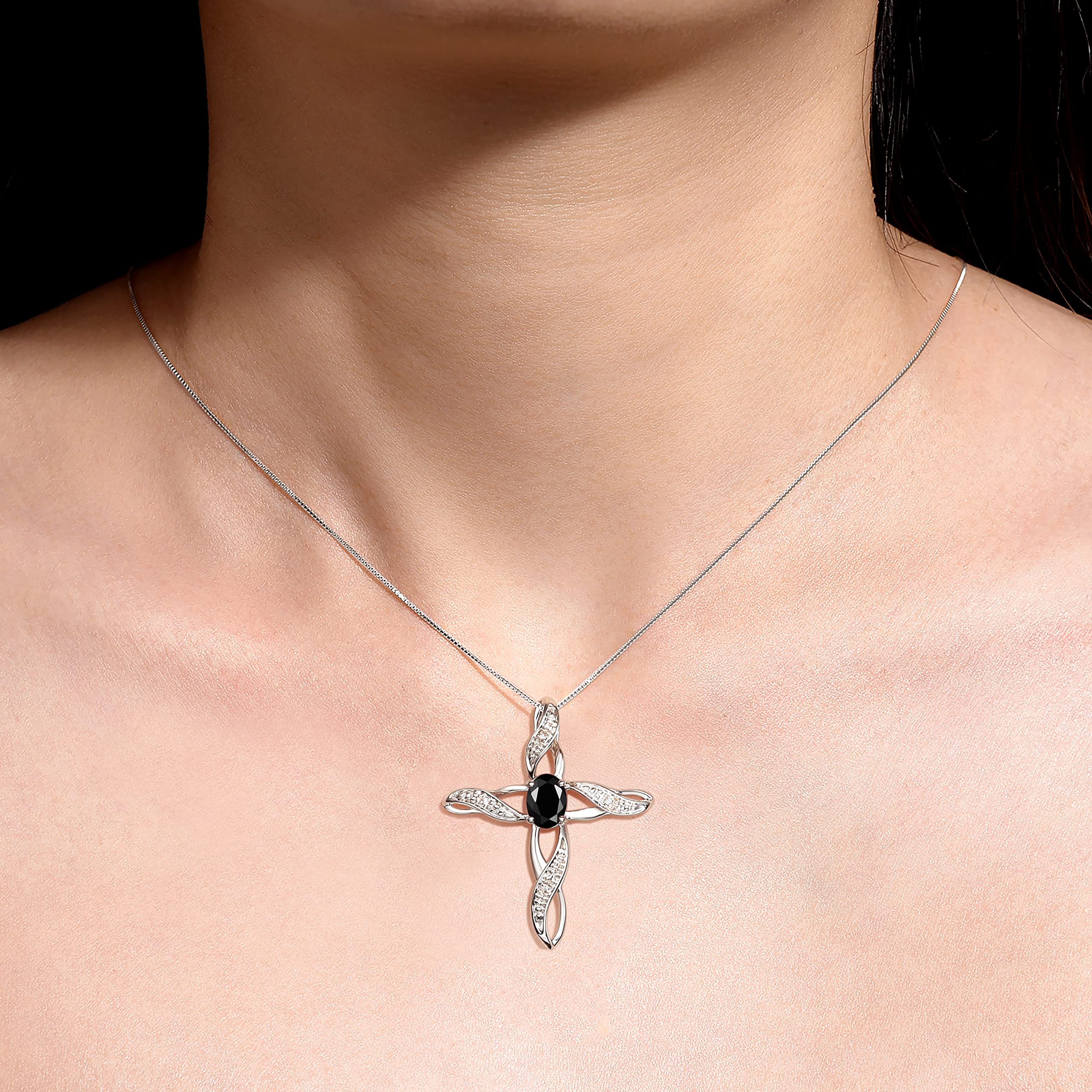 Sterling Silver 925 Cross Pendant Necklace with Gemstone & Diamonds - 18