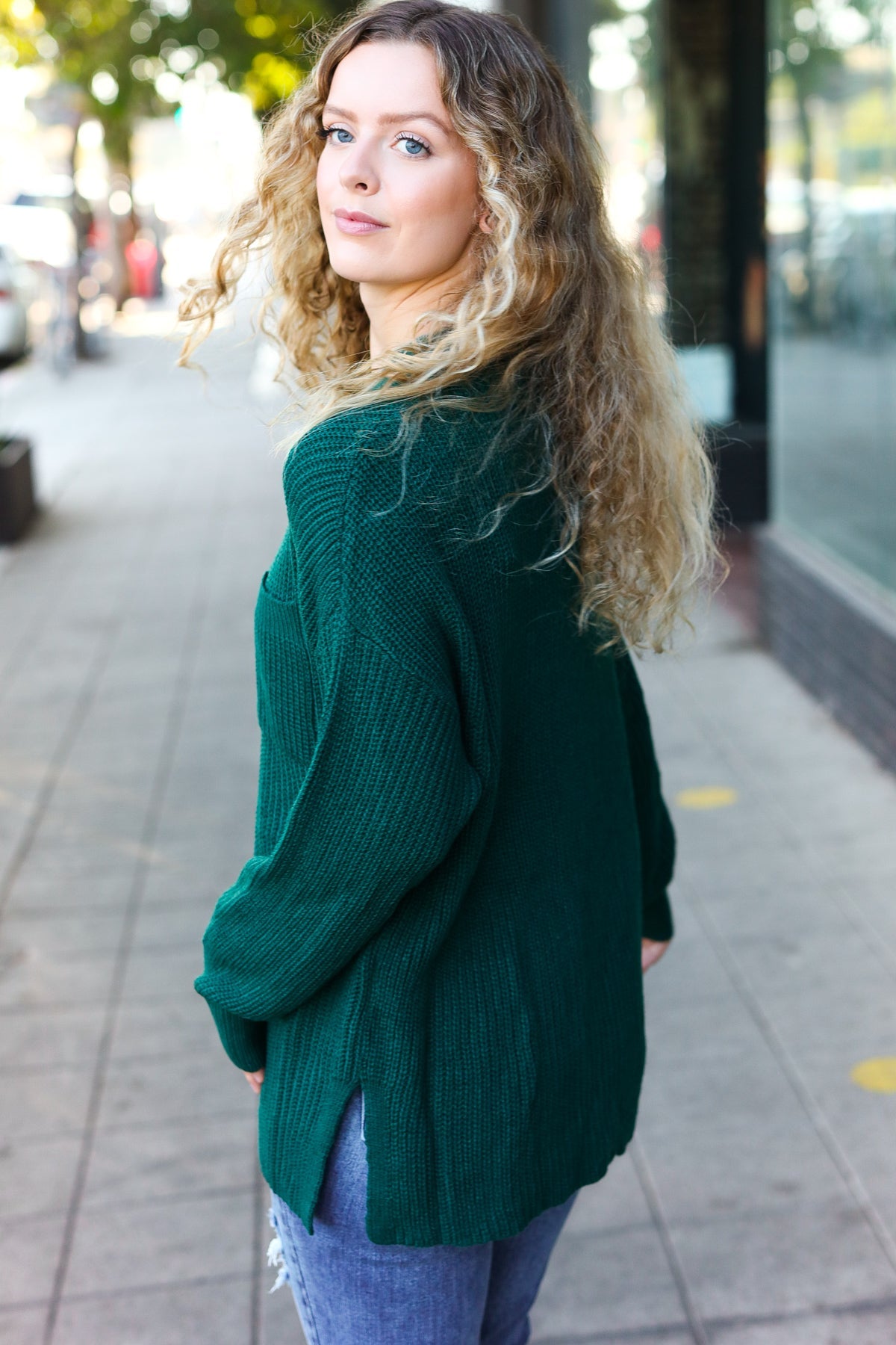 Stylish Hunter Green Mock Neck Knit Sweater with Chest Pocket - Cozy Winter Wear for Women | Perfect for Casual Outings & Office Attire