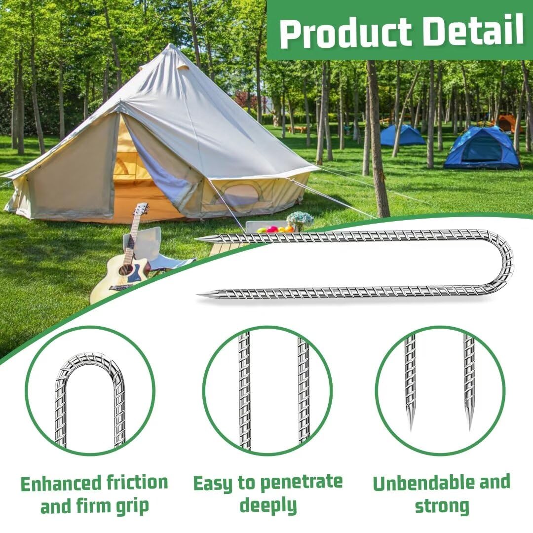 Heavy Duty 12-Inch Galvanized Rebar Stakes - U-Hook Ground Anchors for Camping Tent, Trampoline, Dog Fence, Chicken Coop & Deer Fence (4 Pack) - Rustproof Outdoor Accessories for Secure Anchoring