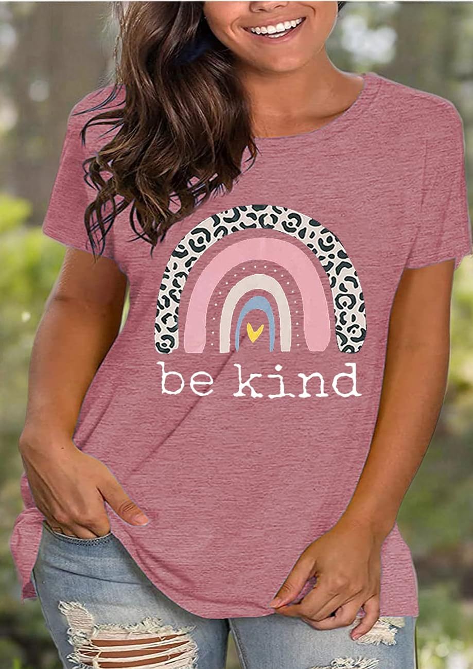Plus Size Be Kind T-Shirt for Women - Cute Rainbow Graphic Tee with Inspirational Message - Funny Teacher Shirt Short Sleeve Top - Perfect for Casual Wear, School, Work & Kindness Events
