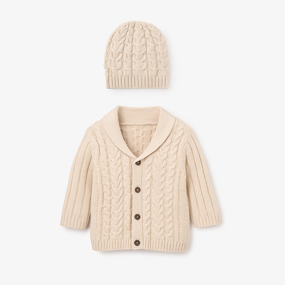 Soft Wheat Horseshoe Cable Knit Cardigan & Hat Baby Gift Set - Cozy Winter Outfit for Newborns & Infants | Perfect Baby Shower Present & Photo Shoot Outfit