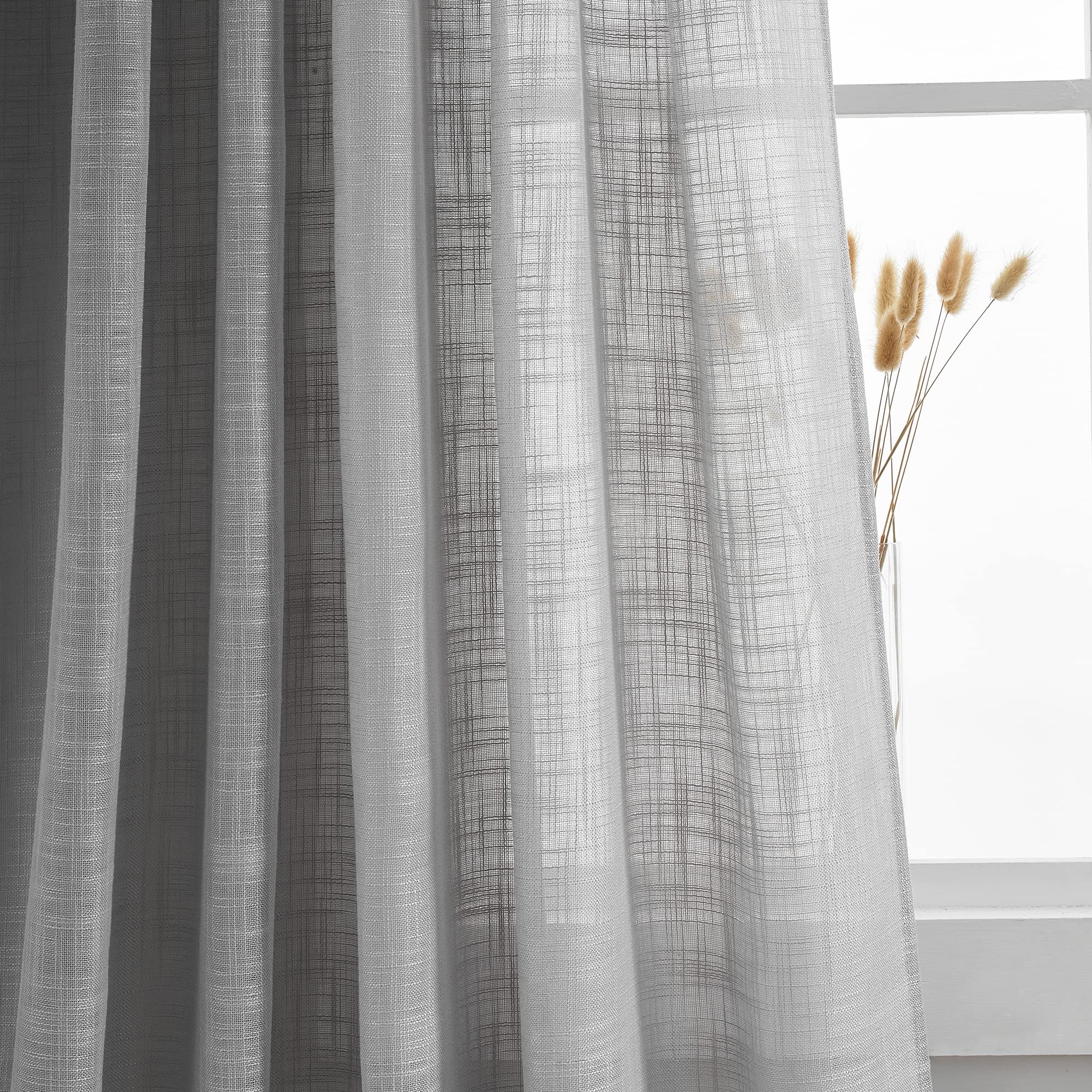 VOILYBIRD Grey Linen Semi Sheer Curtains - Light Filtering Elegant Window Drapes with Tab Top, 52 x 96 Inches, Set of 2 Panels for Living Room & Bedroom - Perfect for Privacy & Soft Natural Light