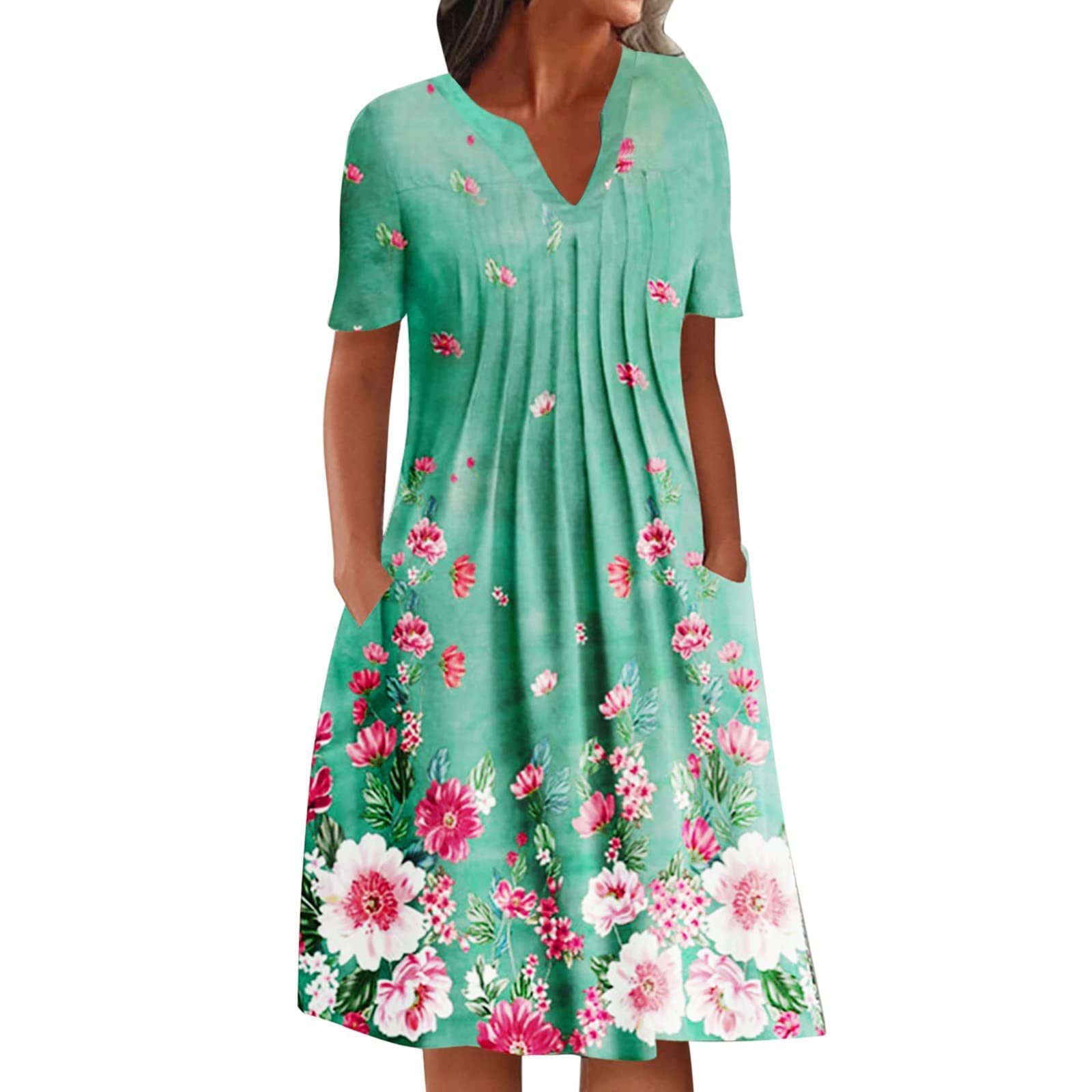 Women's Summer Casual V-Neck Printed Short Sleeve Dress with Empire Waist & Pockets - Flowy Spring Dress for Beach, Vacation & Daily Wear