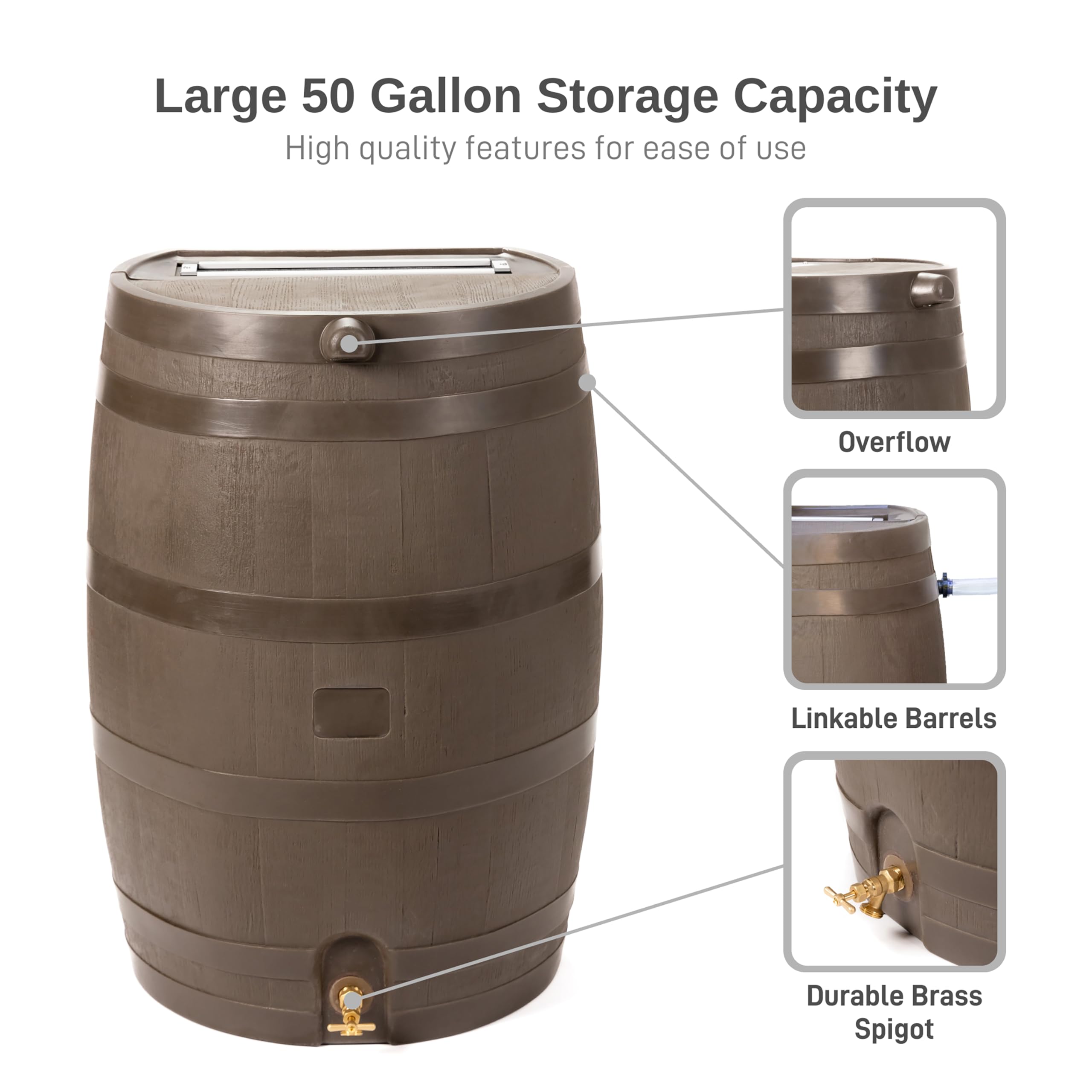 50-Gallon Flat Back Rain Barrel with Stand & Link Kit - Walnut Color (2 Pack) - Eco-Friendly Rainwater Collection for Garden, Lawn & Outdoor Use