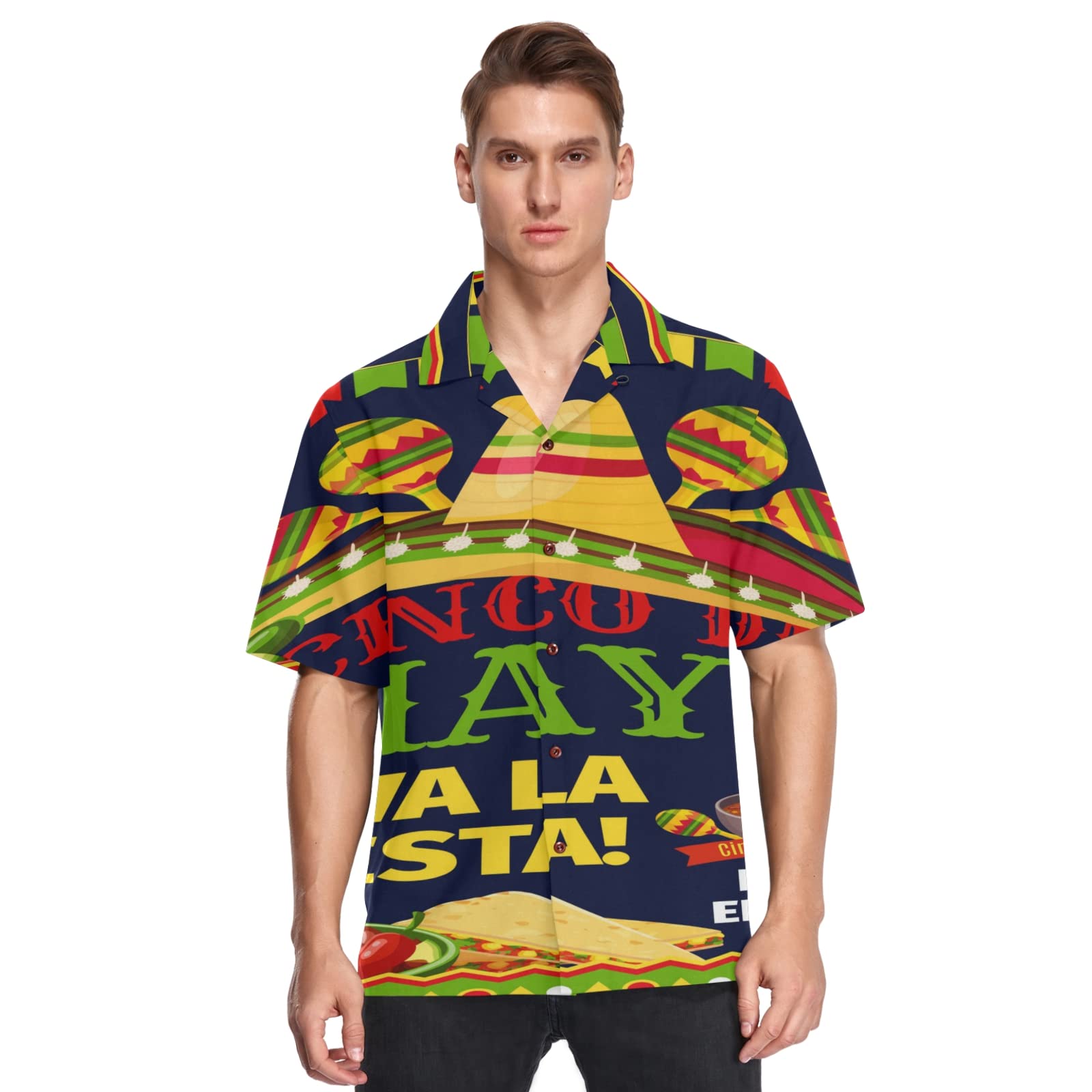 Mexican Men's Hawaiian Shirt - Cinco De Mayo Short Sleeve Aloha Shirt, Button Down Beach Shirt for Summer Vacation, Pool Party & Tropical Theme Events