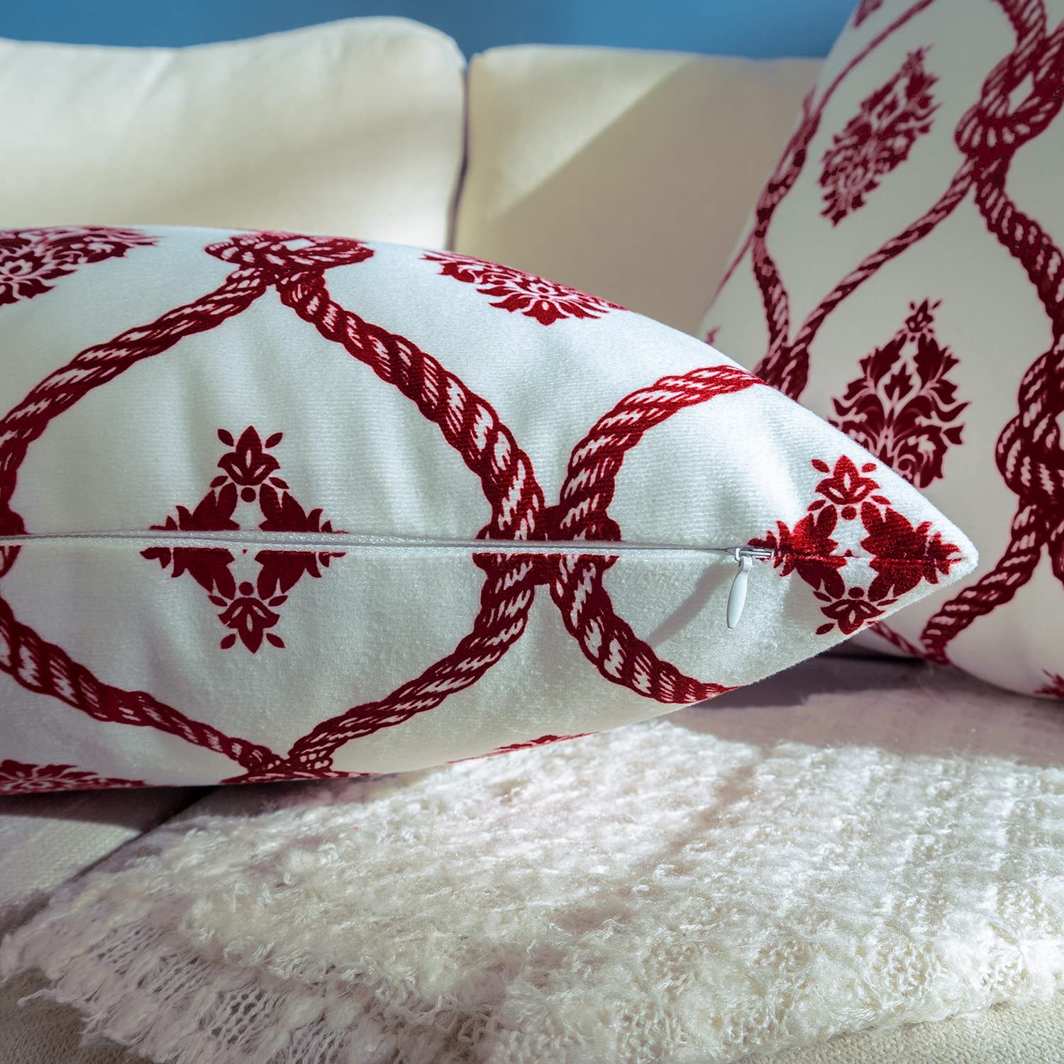 Soft Plush Red Throw Pillow Cover 20x20 - Modern Boho Farmhouse Decorative Cushion Case with Pattern Printing - Set of 2 for Sofa, Living Room, Bed & Couch Decor - Cozy Home Accent for Spring & All Seasons