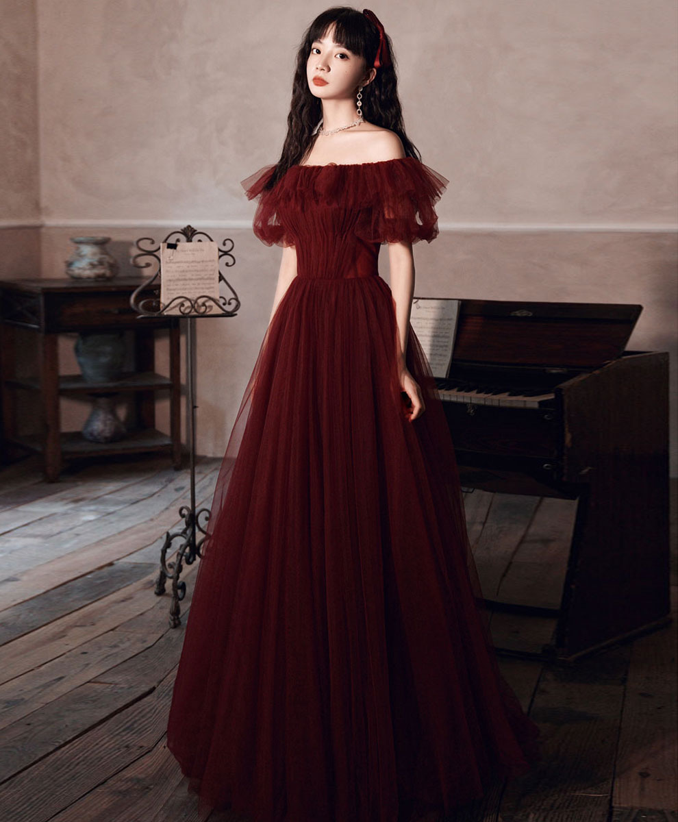 Elegant Burgundy Off Shoulder Tulle Long Prom Dress for Women - Perfect for Evening Gowns, Homecoming, Formal Dances & Special Occasions