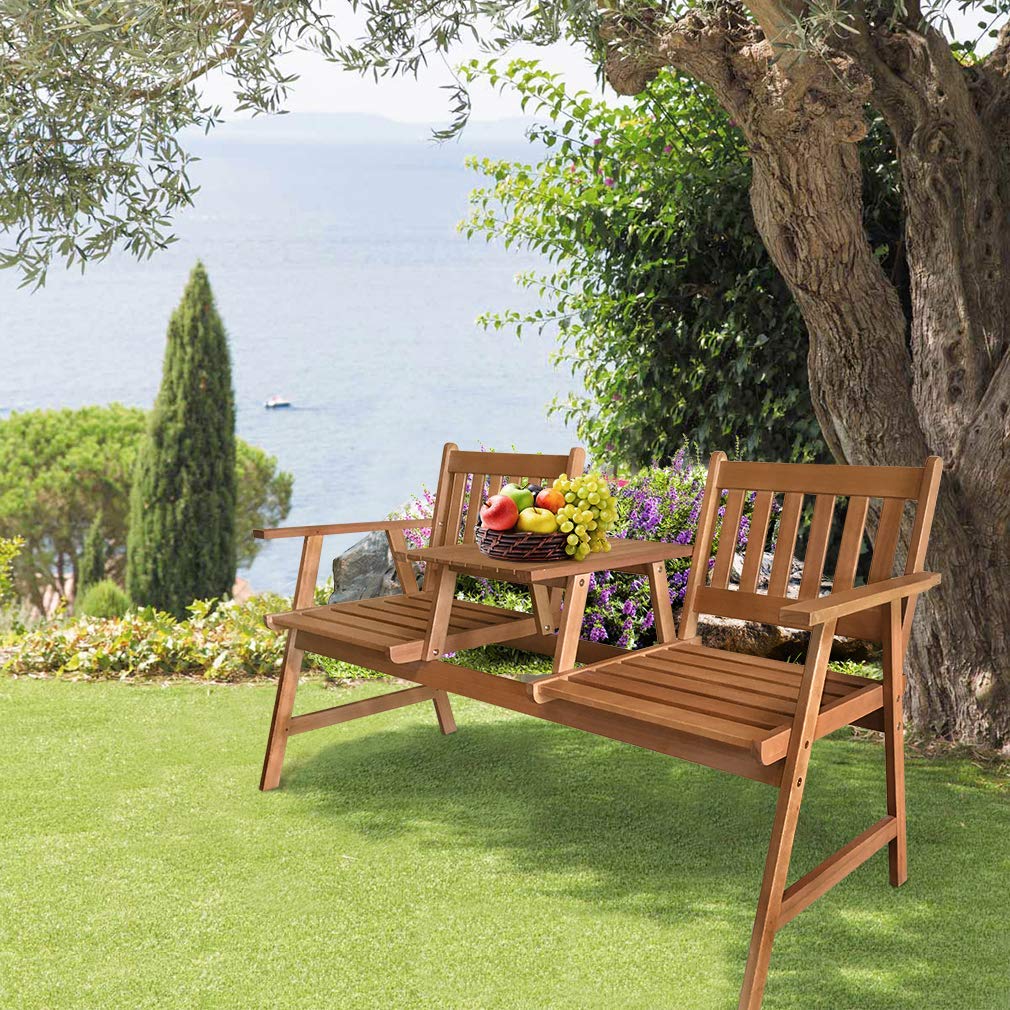 Outdoor Patio Bench Set - Solid Eucalyptus Wood Garden Loveseat with Umbrella Hole | Perfect for Poolside, Beach, Backyard, Balcony & Deck Conversations | Durable Patio Furniture for Outdoor Relaxation